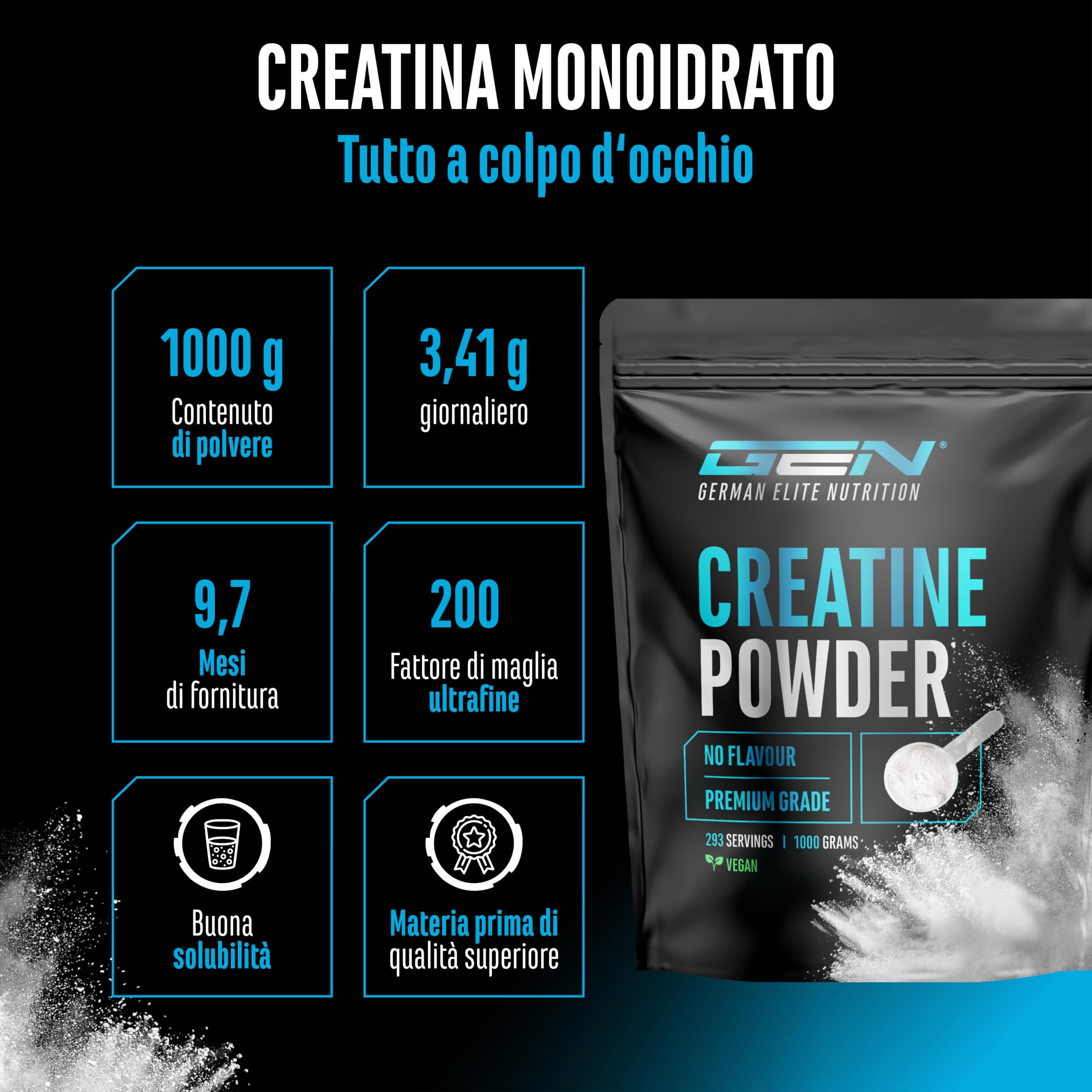 Creatine Monoidrato in Polvere 1000 g – Creatina Monoidrato Microfine, Altamente Solubile e Alto Dosaggio – Senza Additivi inutili – Vegana – 293 Porzioni