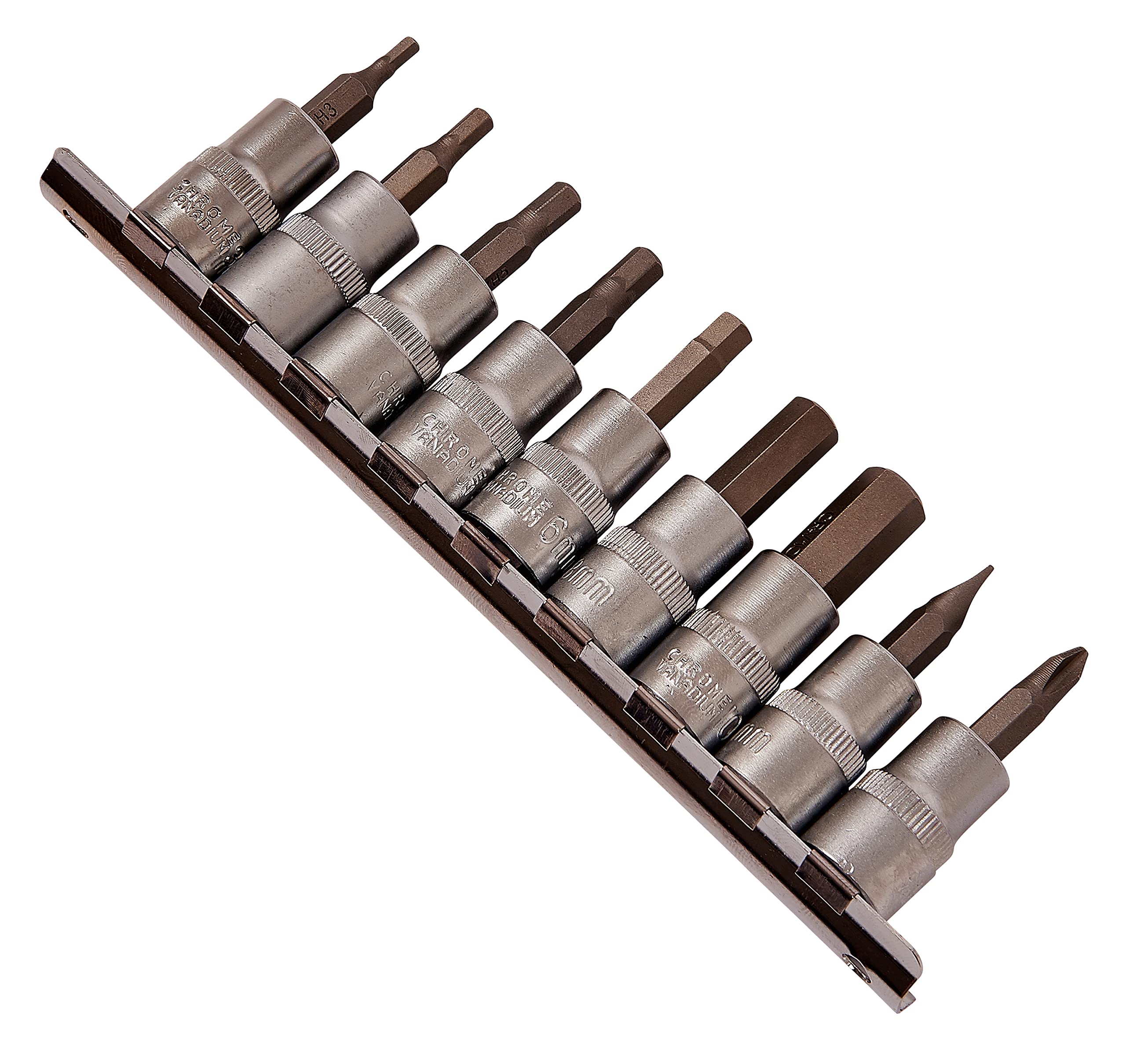 Amtech – 3/8in Hex Bit Socket Set, Drop-Forged sockets & Chrome Vanadium bits, Rail-Mounted, for Bikes, Machinery & appliances (10pc) 3–10mm