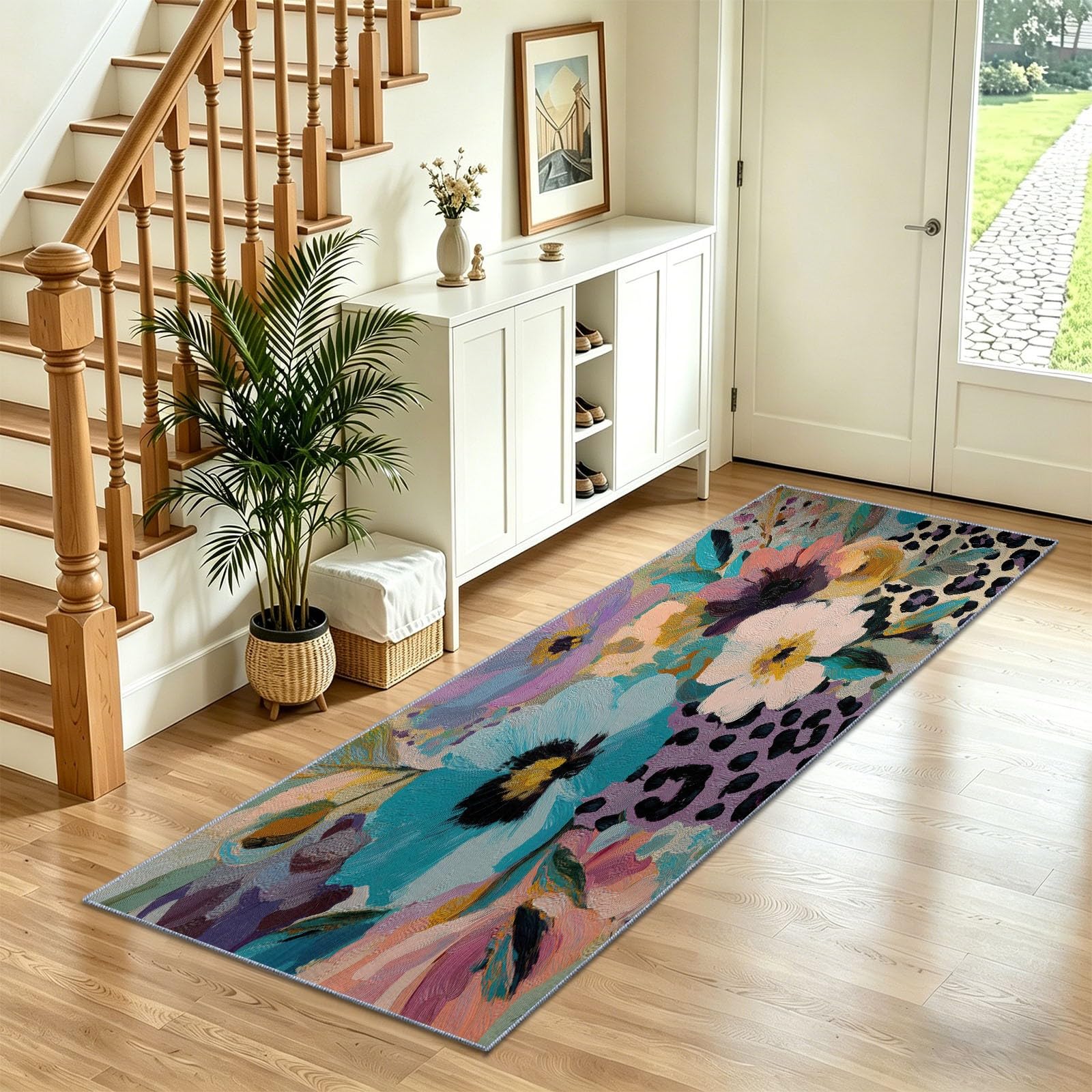 Tapis antidérapant pour entrée imprimé léopard floral 60x180
