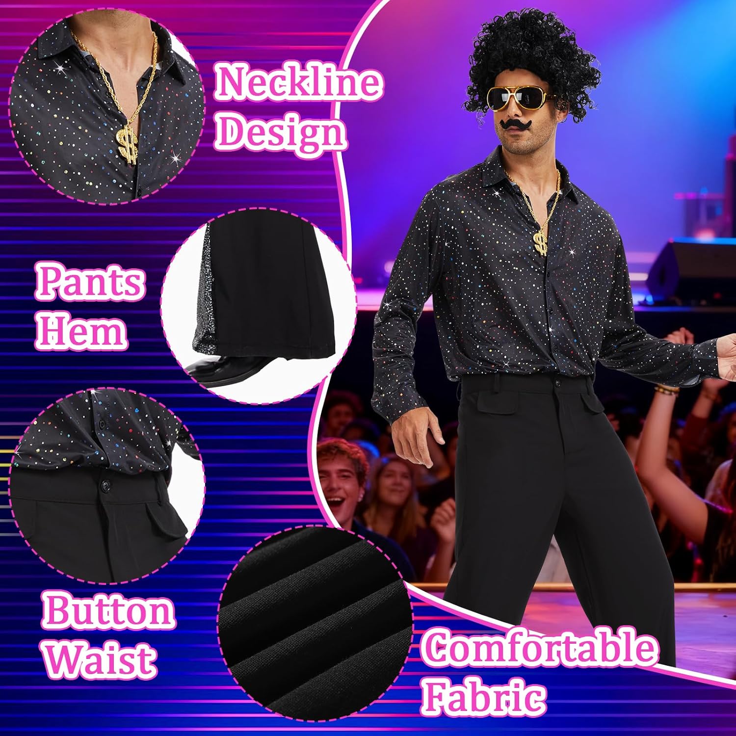 70s Disco Costume for Men 6 Pcs Shirt Bell-Bottom Pants Wigs Sunglasses Necklace Shirts for Disco Party - Image 2