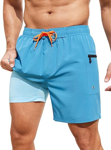 SILKWORLD Mens Swim Trunks with Compression Liner Quick Dry Bathing Suit Lightwe