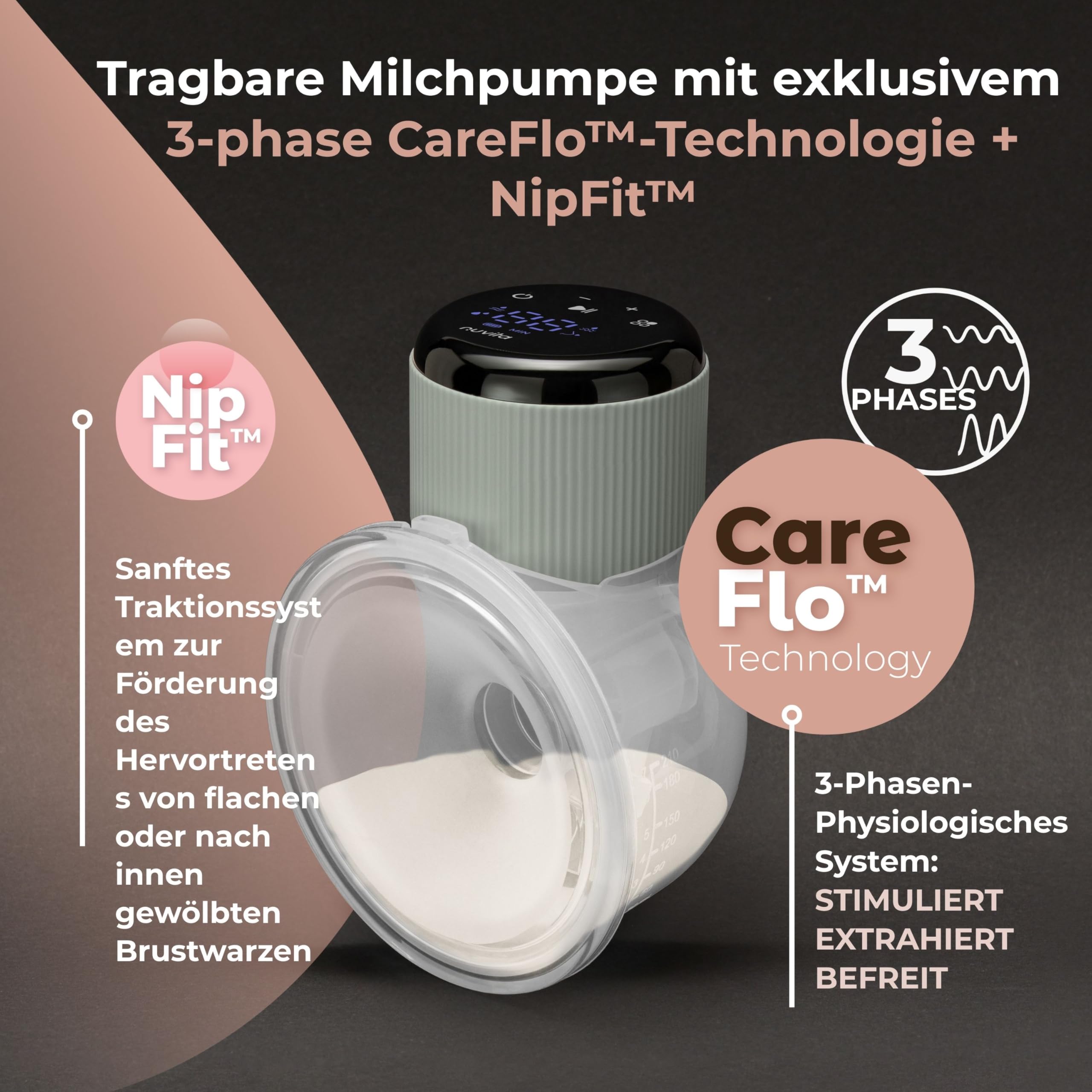 Nuvita 1260W Tragbare elektrische Milchpumpe, 3 Stufen – tragbar mit wiederaufladbarem USB-C-Akku, Anti-Stasis-Funktion, ideal für flache/eingezogene Brustwarzen, 24-mm-Silikon-Brustglocke