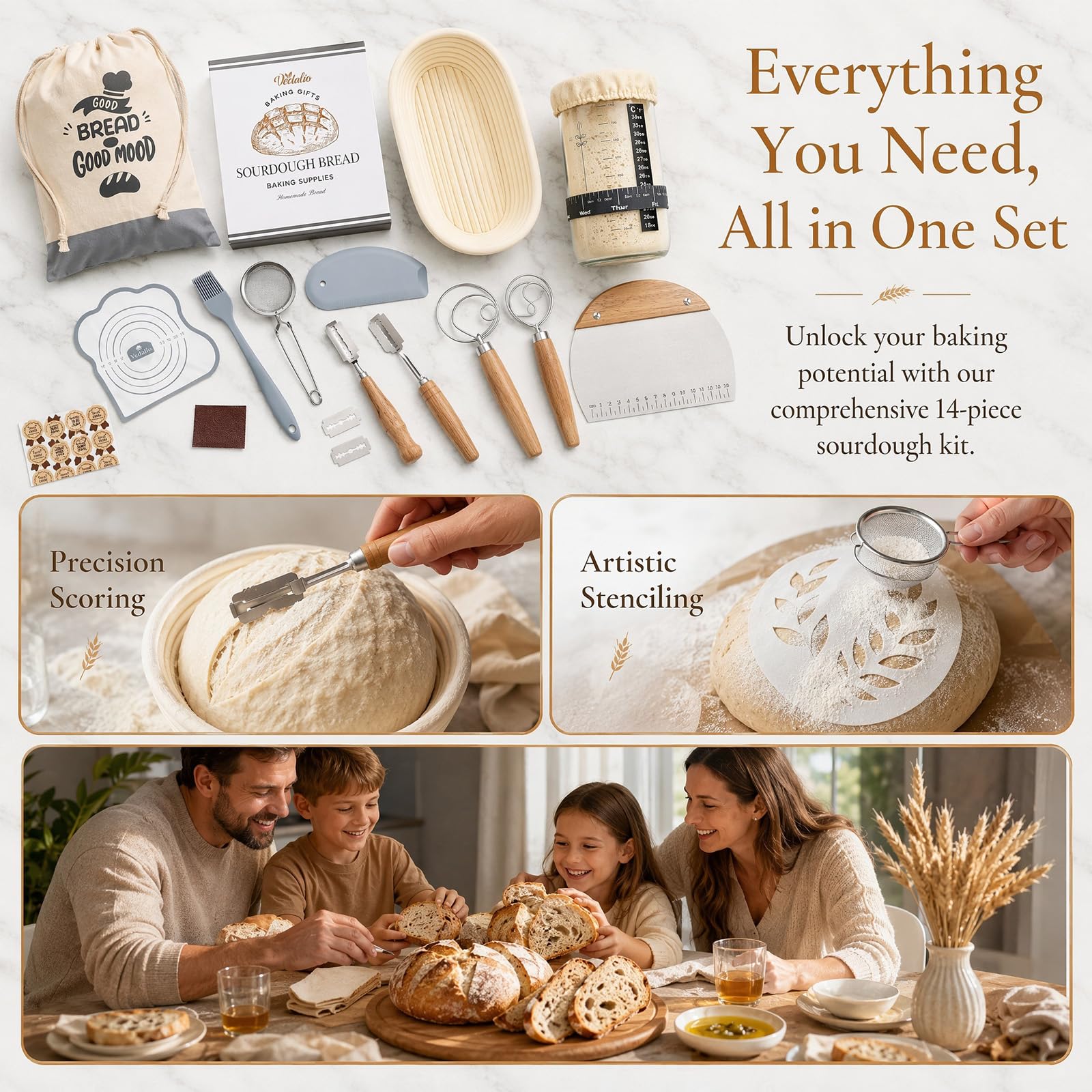 Kit Masa Madre Completo con Cesta de Fermentación Ratán | Jarra de Vidrio, Batidor y Cortador, Accesorios Panadería Artesanal para Principiantes y Regalo, Transpirable