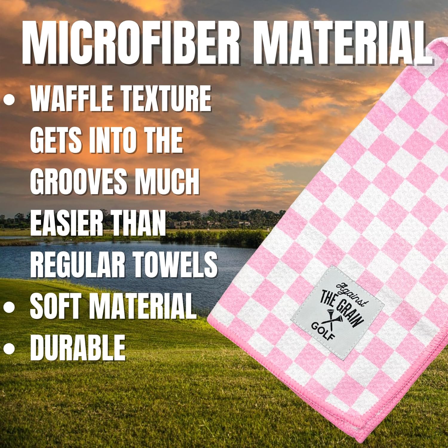 Against The Grain Microfiber Pink Golf Towel for Golf Bags Women with Clip - (12"x20") Blue & White Checkered Design Golf Club Towel, Womens Golf Towel, Golf Gifts for Women, Pink Golf Accessories - Image 3
