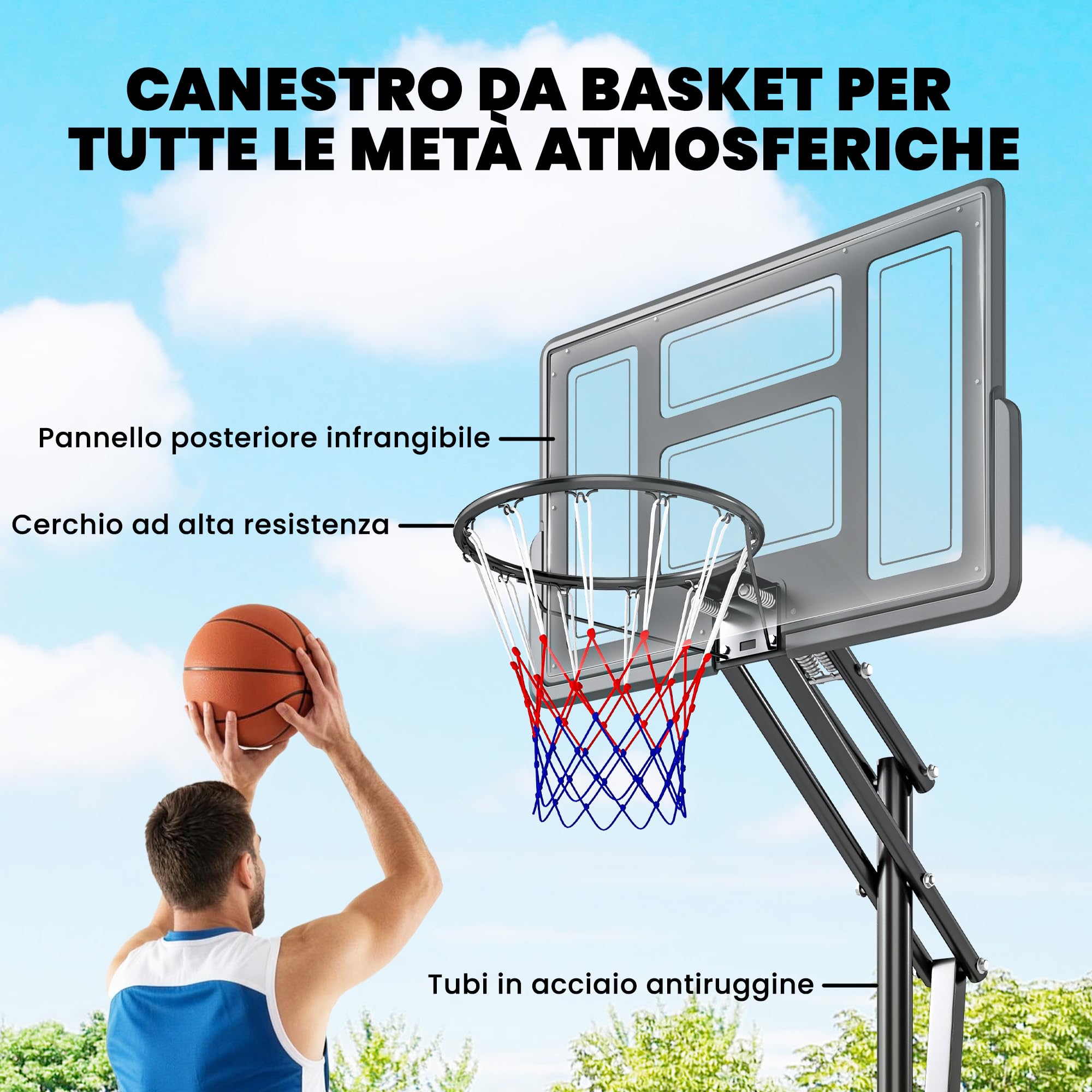 SPORTNOW Canestro Basket Esterno Regolabile in Altezza 235-305 cm, Canestro da Basket con Ruote, Base Riempibile, Sacco di Peso, Tabellone Infrangibile, Portatile per Interno Adulti Adolescenti, Nero