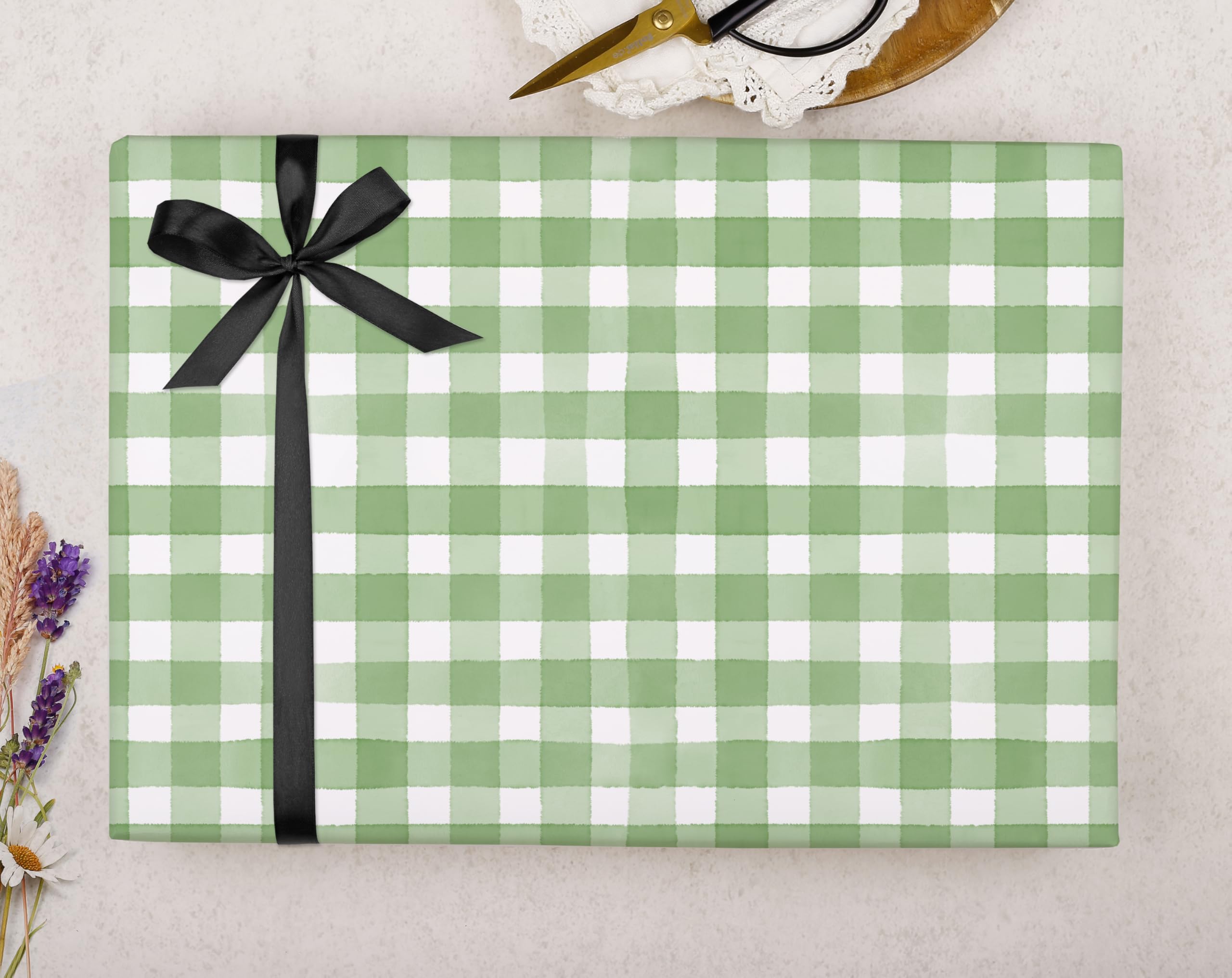 Making Meadows Luxury Wrapping Paper for Gifts, Recyclable Gift Wrap Green Gingham Wrapping Paper Sheets with Easter Design (3 Large Sheet Pack) UK Made