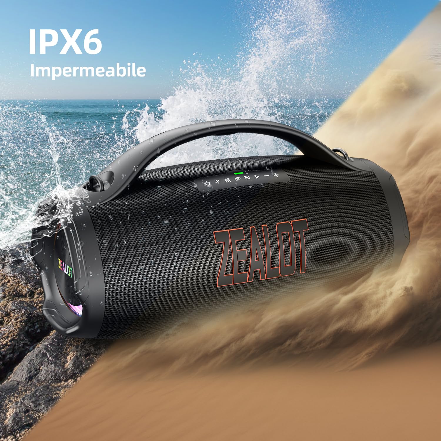 ZEALOT Cassa Bluetooth Portatile,200W Peak/160W RMS Wireless,Altoparlante Bluetooth con Bassi,36000 mAH,EQ/IPX6 Impermeabile/Ricarica Rapida,per Feste,All'aperto,Campeggio