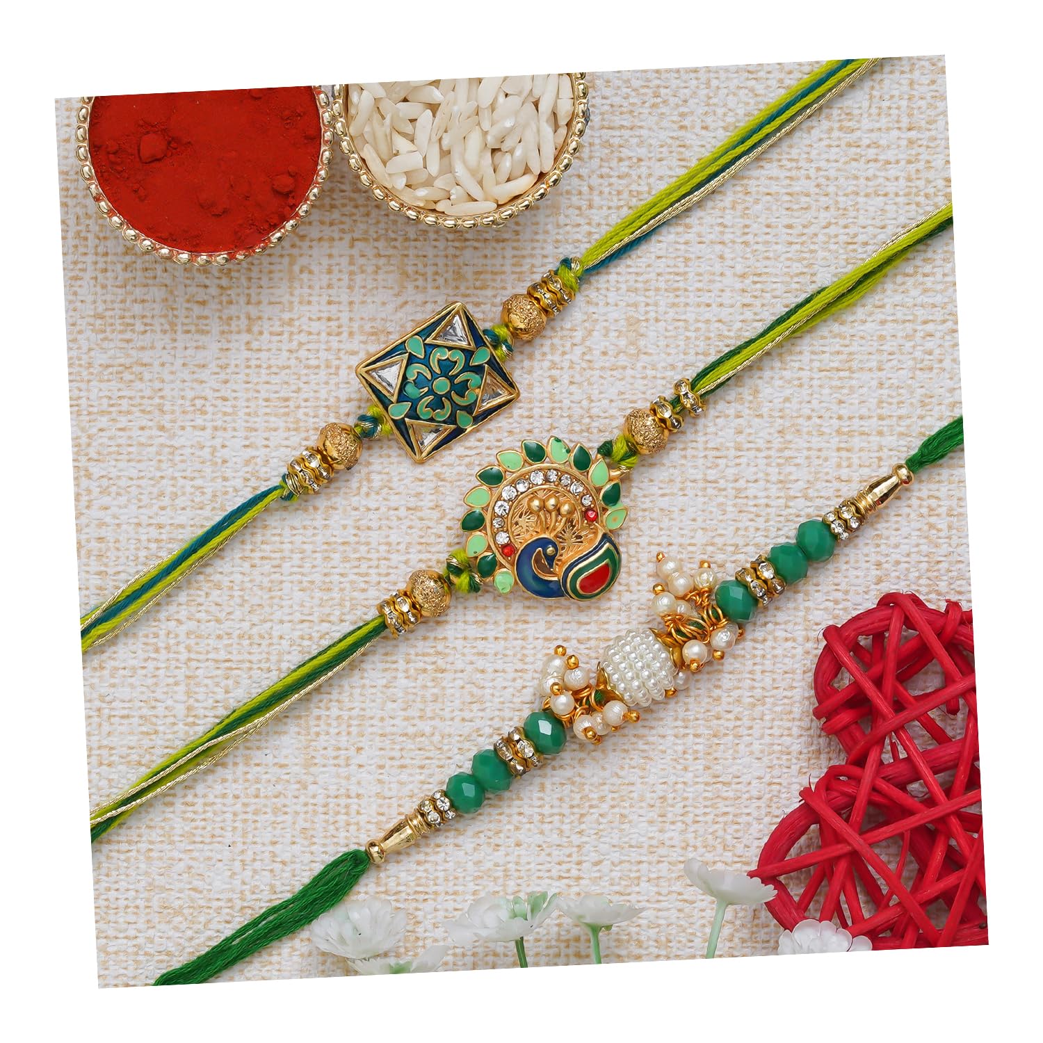 eCraftIndia Multicolor Set of 3 Peacock, Flower, Beads, Pearls Designer Rakhis with Roli Chawal Pack - Rakhis for Brothers (B0C6Q1V5GS) Amazon Price History, Amazon Price Tracker