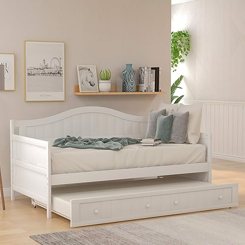 Merax Sofá cama de madera clásica blanca con sofá cama nido para dormitorio sala de estar no necesita somier tamaño individual