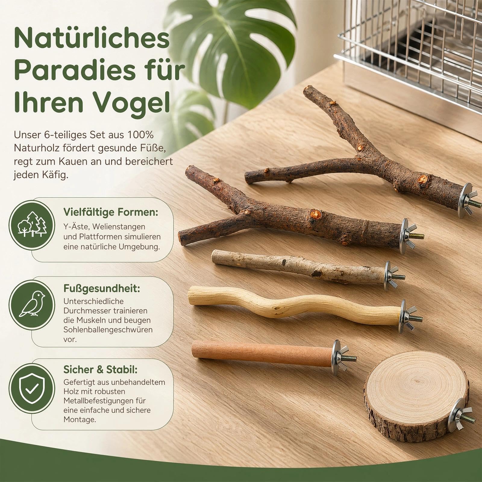 Juego de 6 piezas de elementos de madera natural, juego de perchas naturales, juguete para cacatúas, juguete para cacatúa, pájaro, pájaro, pájaro, loro, jaula de pájaros