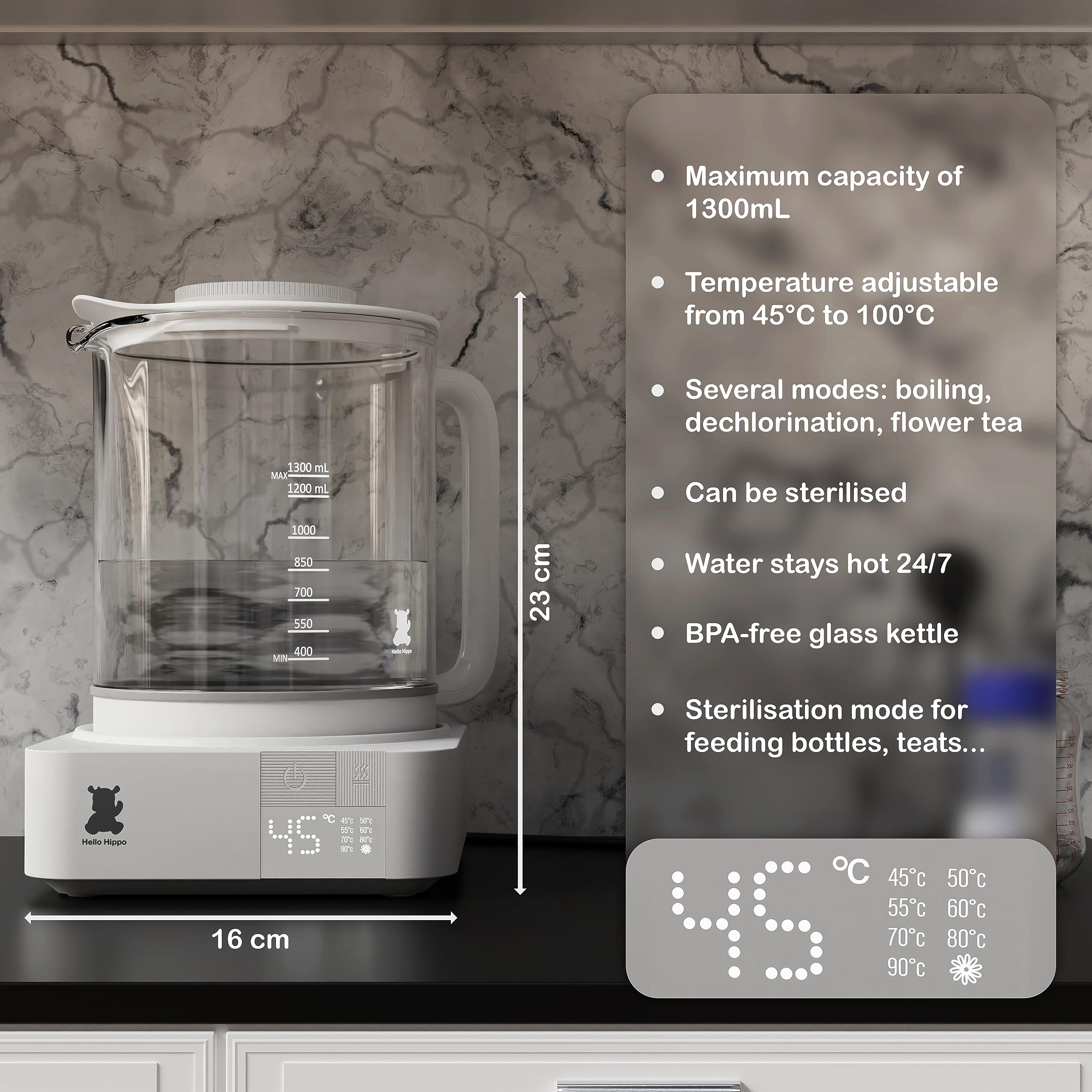 HELLO HIPPO® Bollitore Scaldabiberon 1300 mL in vetro - 800W basso consumo - Sterilizzatore per capezzoli - Mantiene il calore 24H - Temperatura regolabile da 45-100°C - Biberon, tè, cioccolato, caffè