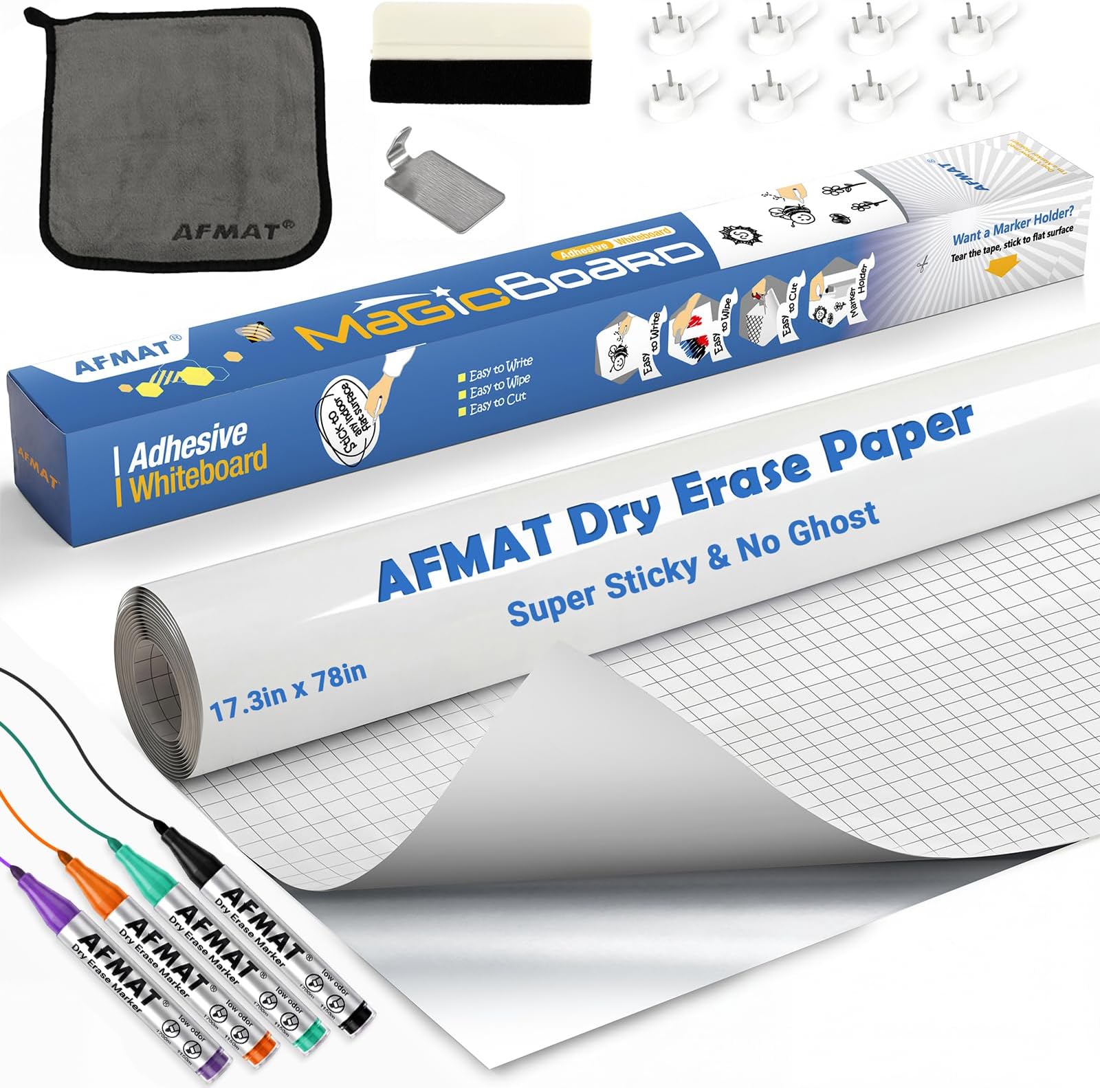 AFMAT White Board Sticker, Dry Eraser Paper for Wall, Upgrade PET-No Ghost, 1.45 x 11 ft, Stain-Proof Peel and Stick Film Self Adhesive Wall Paper Roll for Classroom/Office, 3 Dry Erase Marker WS01