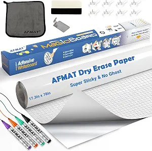 AFMAT White Board Sticker, Dry Erase Paper for Wall, 1.45 x 11 ft, Stain-Proof Peel and Stick Film for Classroom/Office, Includes 3 Markers