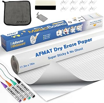 AFMAT WS01 White Board Sticker, Dry Eraser Paper for Wall, Upgrade PET-No Ghost, 1.45 x 11 ft, Stain-Proof Peel and Stick Film Self Adhesive Wall Paper Roll for Classroom/Office, 4 Dry Erase Markers