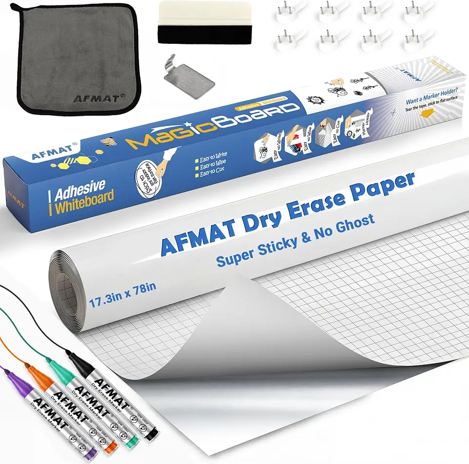 White Board Sticker, Dry Eraser Paper for Wall, Upgrade PET-No Ghost, 1.45x11ft, Stain-Proof Peel and Stick Film Self Adhesive Wall Paper Roll for Classroom/Office/Kids Painting, 3 Dry Erase Markers