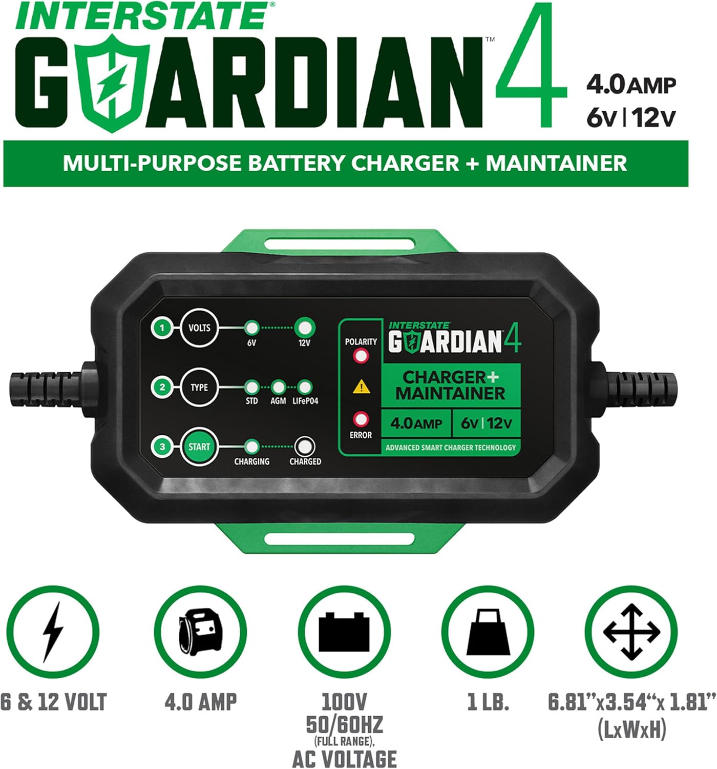 Interstate Batteries 12V, 6V Battery Charger & Maintainer (12V and 6V, 4.0A) Portable, Automatic, Trickle Charging for LiFePO4, Deep-Cycle, Automotive, AGM, Powersports, Boats (CHGIB40)