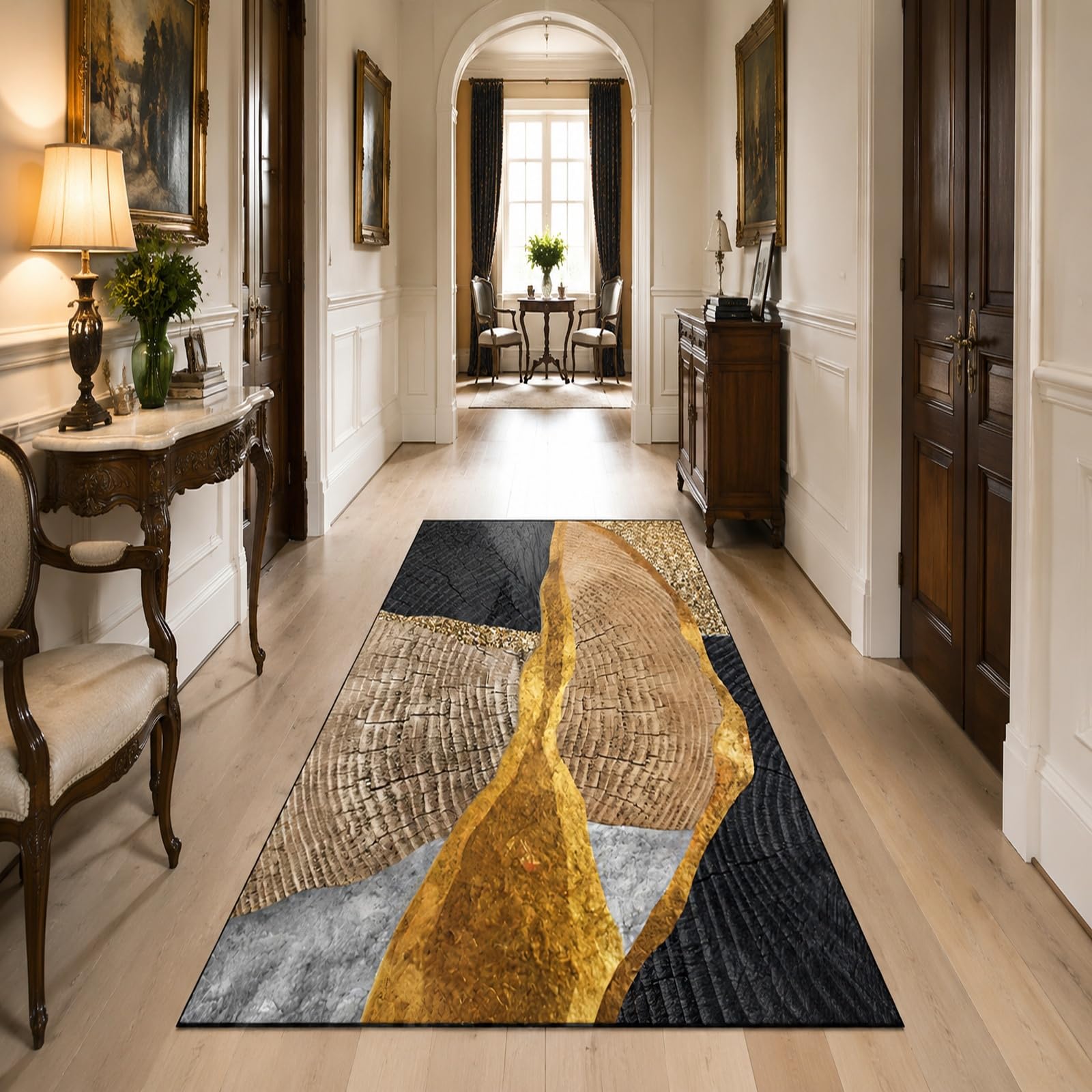 Grand tapis de salon moderne 200 x 300 cm style abstrait jaune et gris