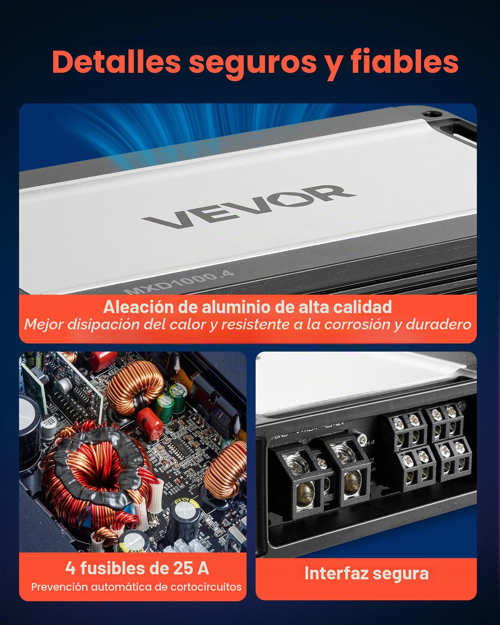 VEVOR Amplificador para Automóvil 4 Canales Clase D Máximo 4 x 500W a 4 ohmios y 4 x 1000W a 2 ohmios, Amplificador Estéreo de Audio para Coche Puenteable para Vehículo Todoterreno Camioneta Sedán SUV