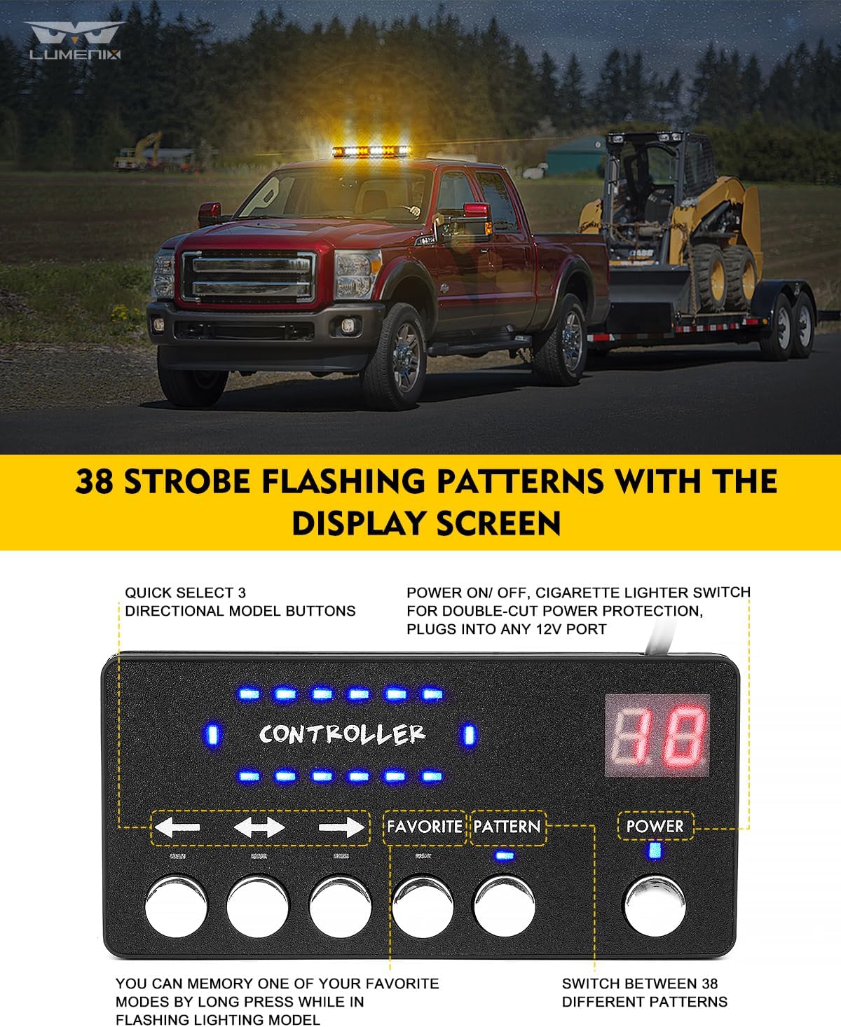 LUMENIX Rooftop Strobe Beacon Lights Bar w/Controller, American Flag Pattern White Amber LED Emergency Warning Traffic Flashing Light for Construction Vehicles Work Trucks Snowplow (Patented Design)