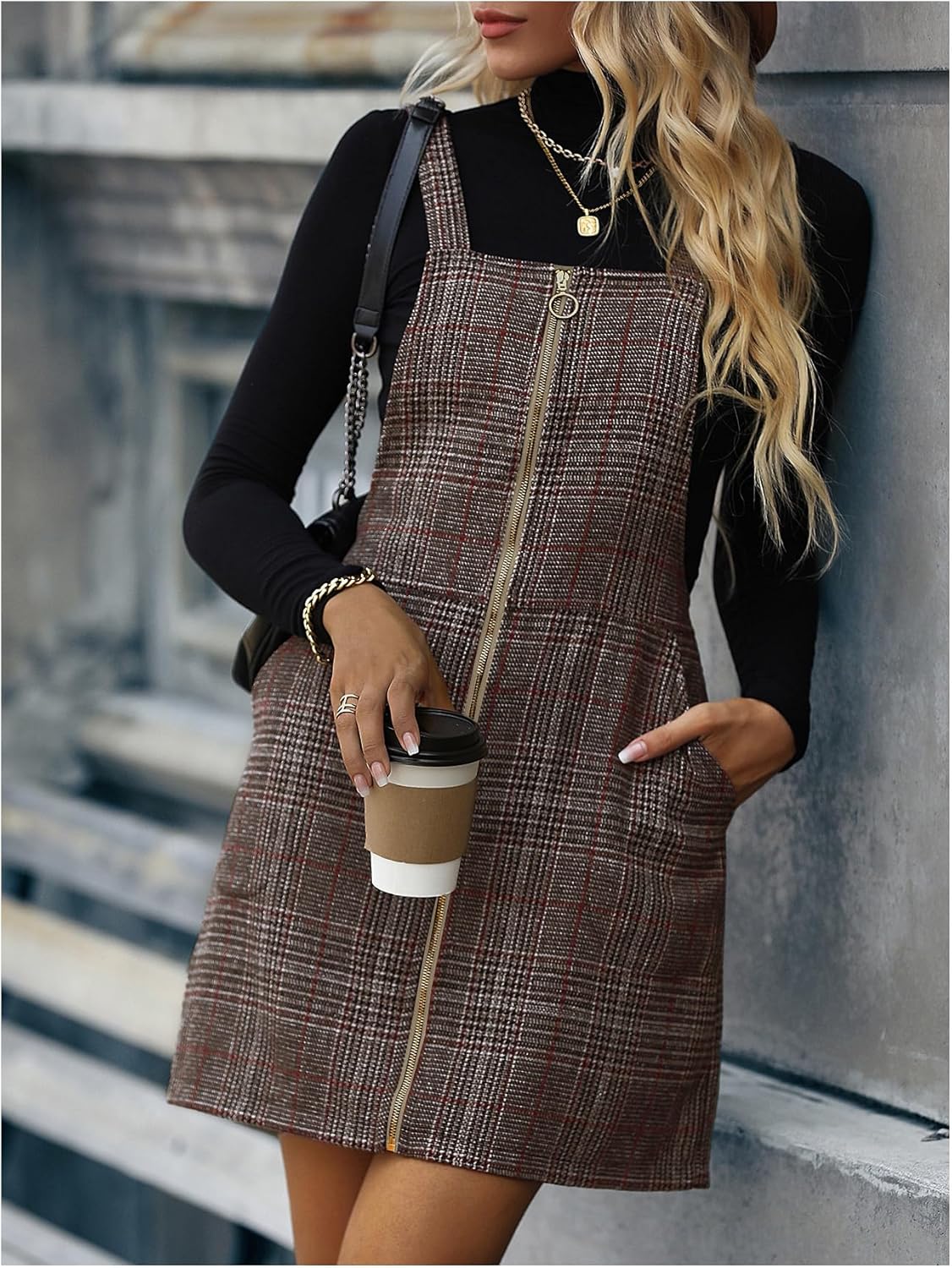 Floerns Women's Casual Tartan Print Zip Up Sleeveless Pinafore Overall Dress - Image 5