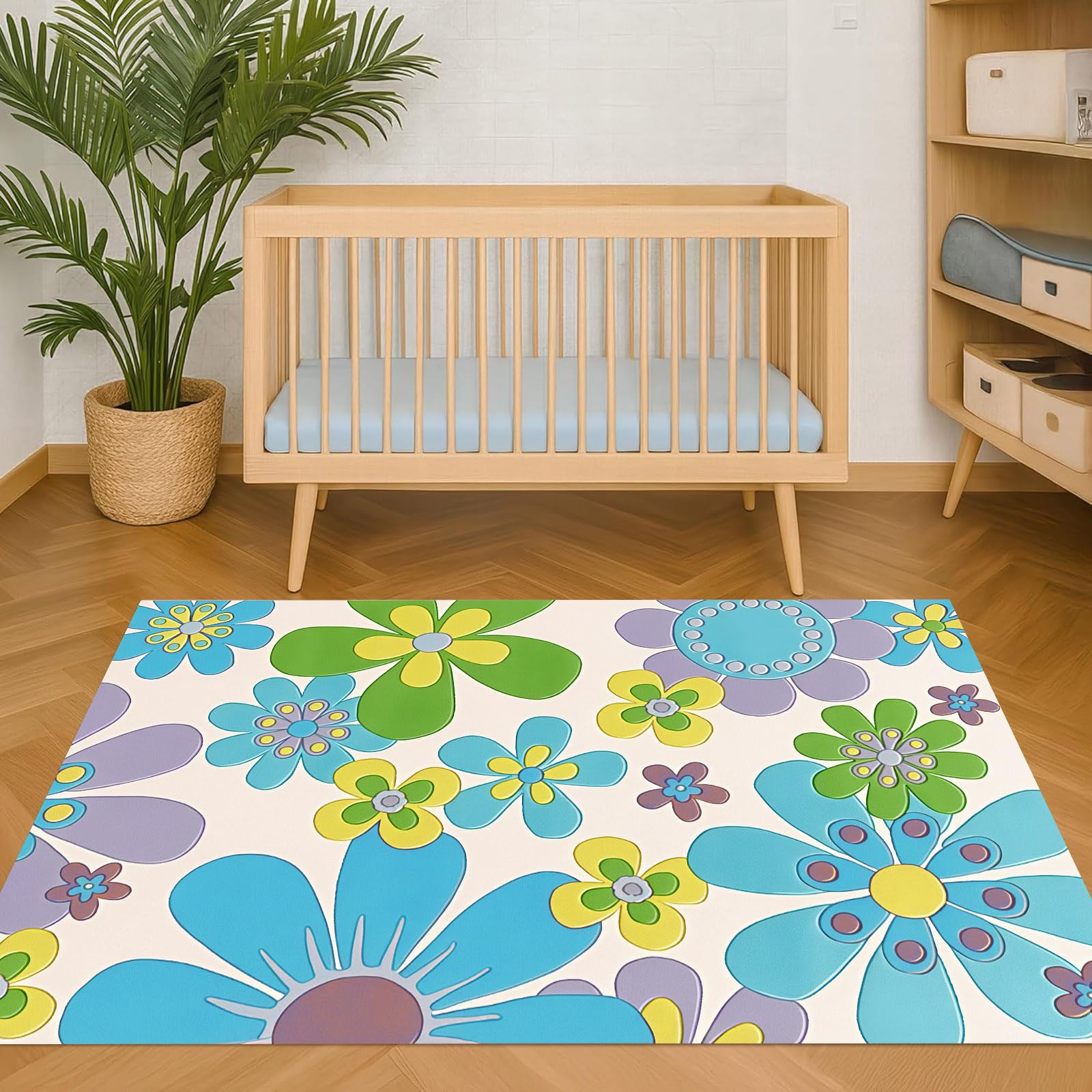 Tapis de salon bleu moderne 160 x 160 cm à fleurs géométriques colorées