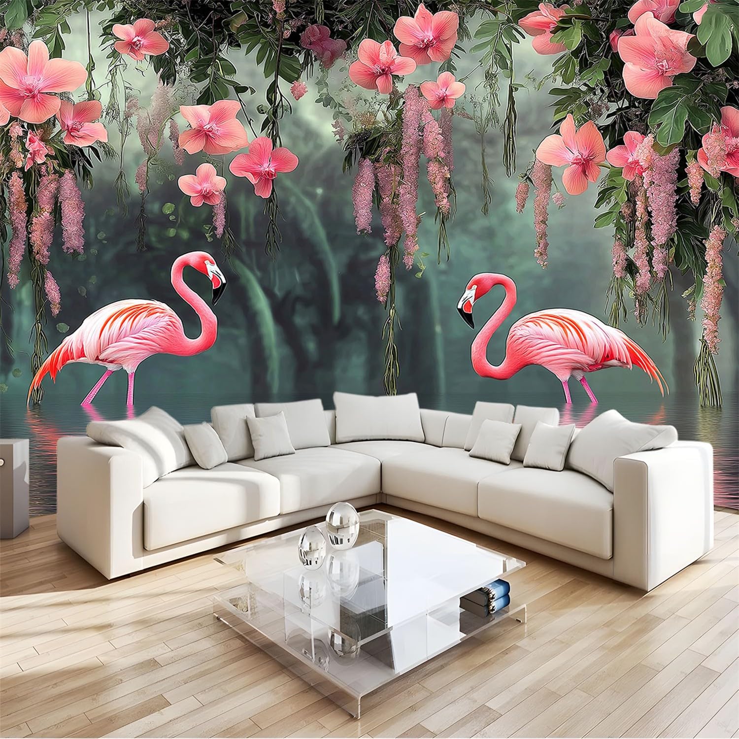Papier peint intissé fleurs de flamant rose premium pour décoration murale