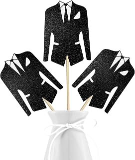 12Pcs Glitter Black Tuxedo Centerpiece Sticks Men's Suit Centerpiece for Table Bridal Shower Party Decorations for Father's Day Bride Groom Engagement Wedding Bridal Shower Party Supplies