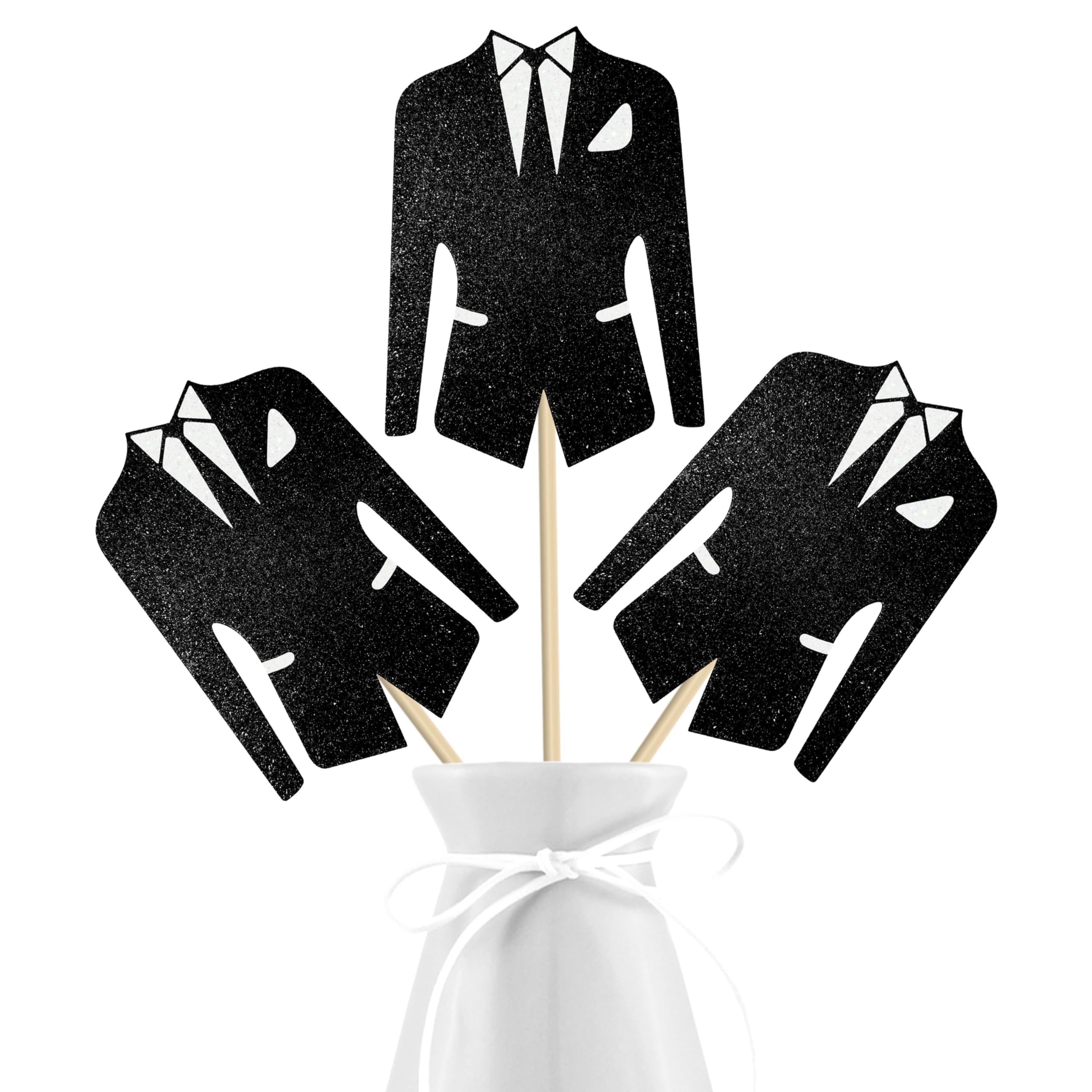 12Pcs Glitter Black Tuxedo Centerpiece Sticks Men's Suit Centerpiece for Table Bridal Shower Party Decorations for Father's Day Bride Groom Engagement