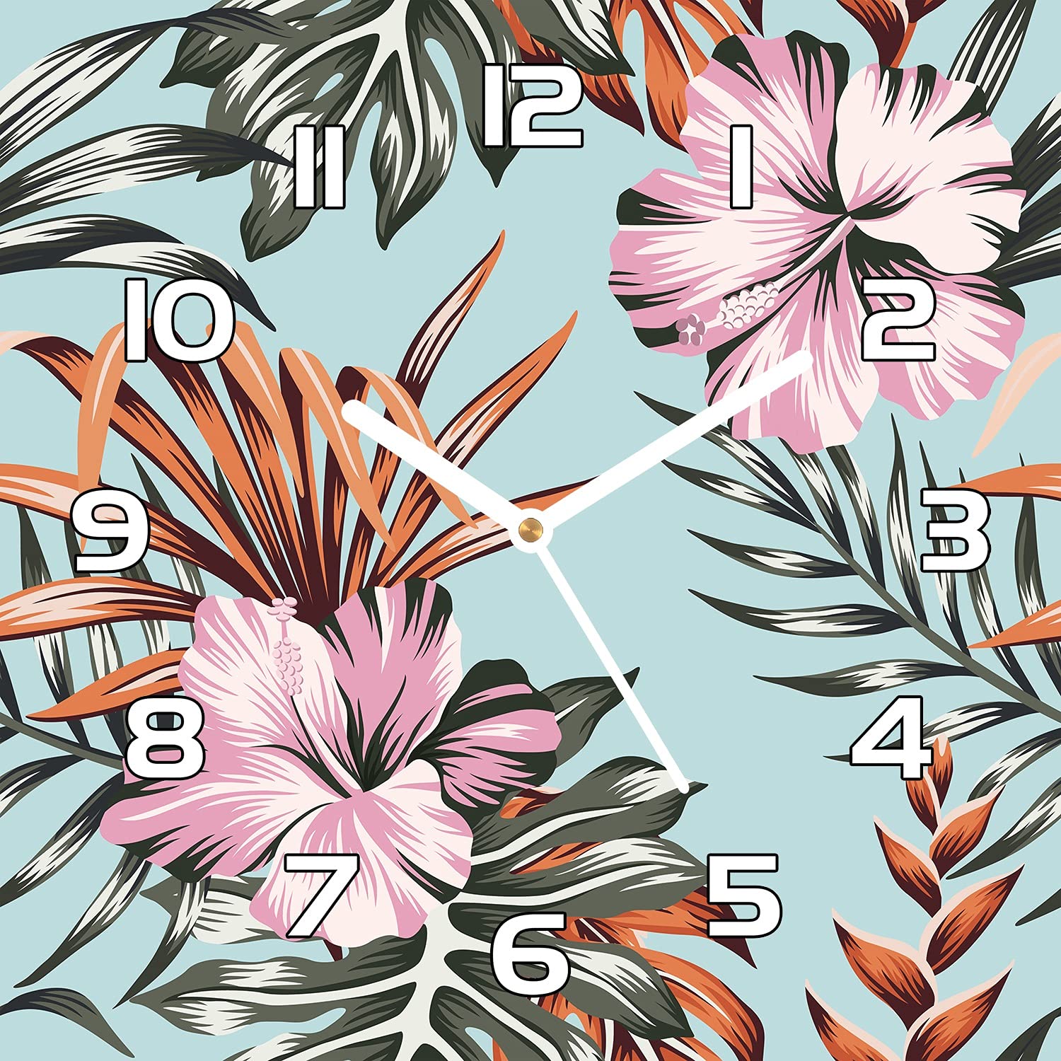 Horloge en verre pour cuisine et salon motif floral fleurs hibiscus ambiance nature
