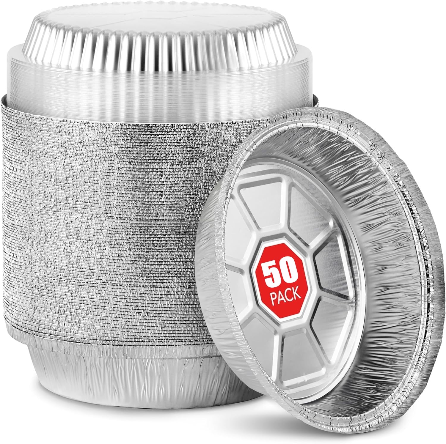 LATERN 50Pcs 18CM Round Aluminum Foil Trays with Clear Lids, 720ml Disposable Roasting Trays Oven Freezer Safe Aluminum Foil Food Containers for Party Baking Food Serving Takeaway Catering Storage
