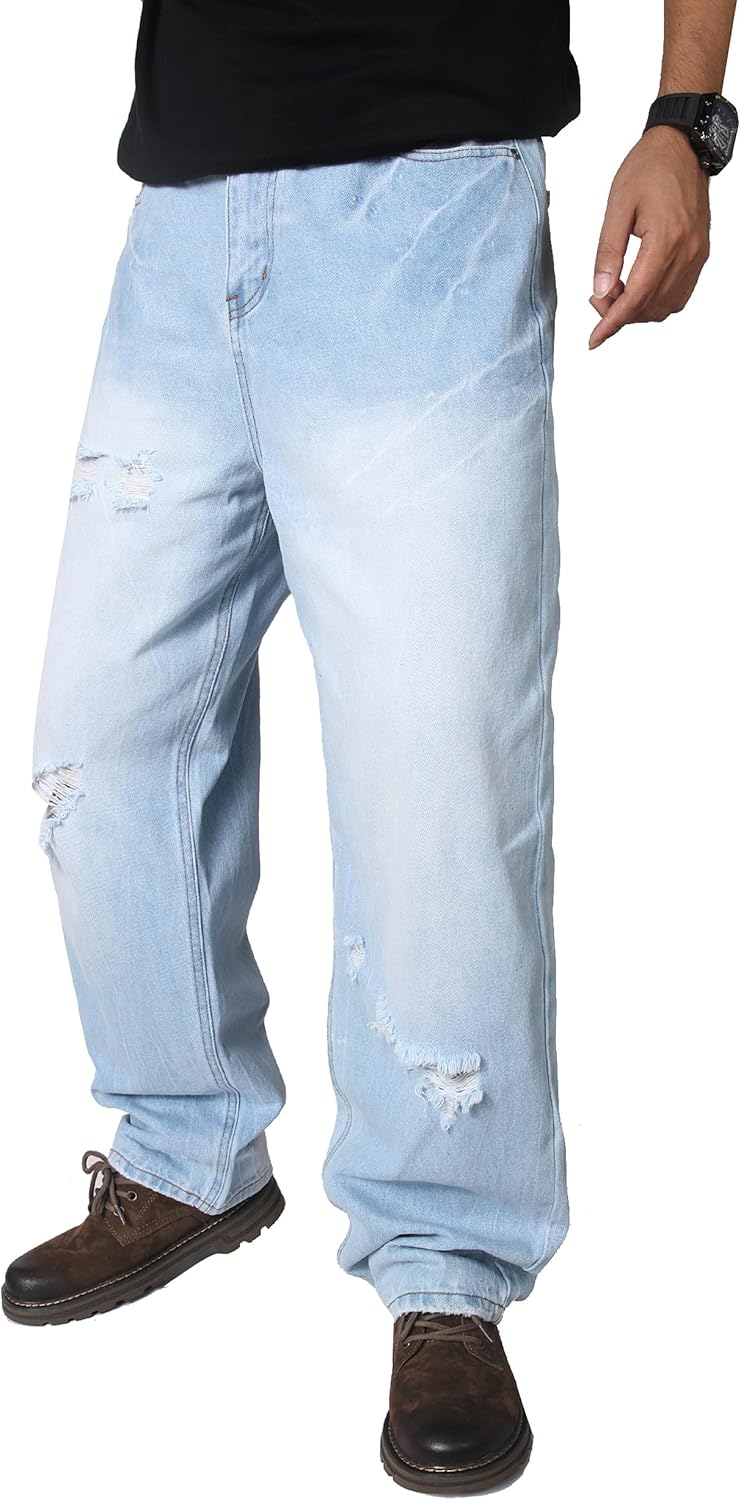 JIALANSHI Men's Wide Leg Baggy Jeans Ripped Loose Denim Pants