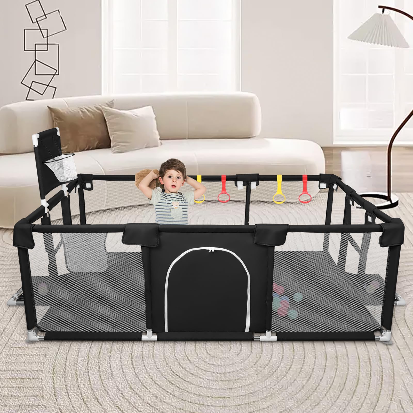Parque Infantil Bebé, Alfombra de Juegos, Plegable, Malla Transpirable, Corralito Bebé, Con Malla Transpirable Baby Playpen,180 * 120 * 66 cm - Negro