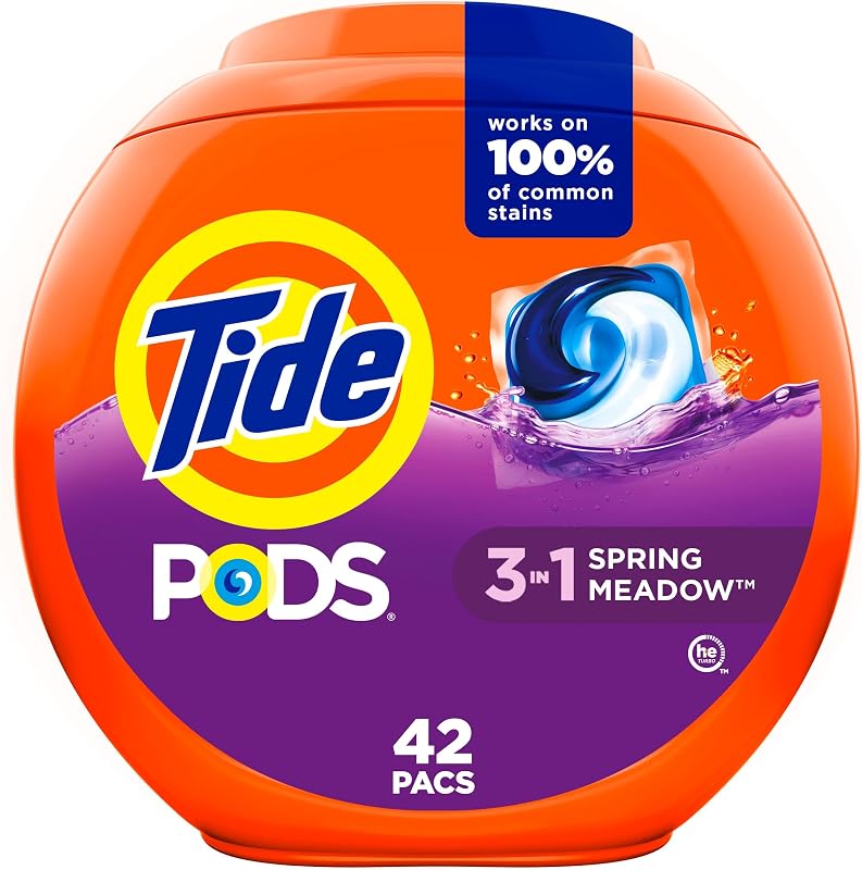 Tide, Pods laundry detergent pacs, 3-in-1 Stain Remover, Odor Fighter, Color Protector, HE compatible, Spring Meadow Scent, 42 Count