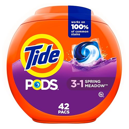 Tide, Pods laundry detergent pacs, 3-in-1 Stain Remover, Odor Fighter, Color Protector, HE compatible, Spring Meadow Scent, 42 Count