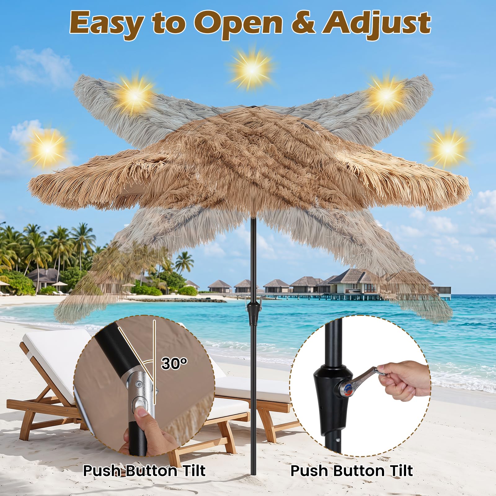 COSTWAY Sonnenschirm Hawaii mit LED-Beleuchtung, 300 cm Strohschirm kippbar | Gartenschirm mit 12 Beleuchtungsmodi & Kurbel, Strandschirm Stroh, Terrassenschirm für Garten, Balkon, Terrasse