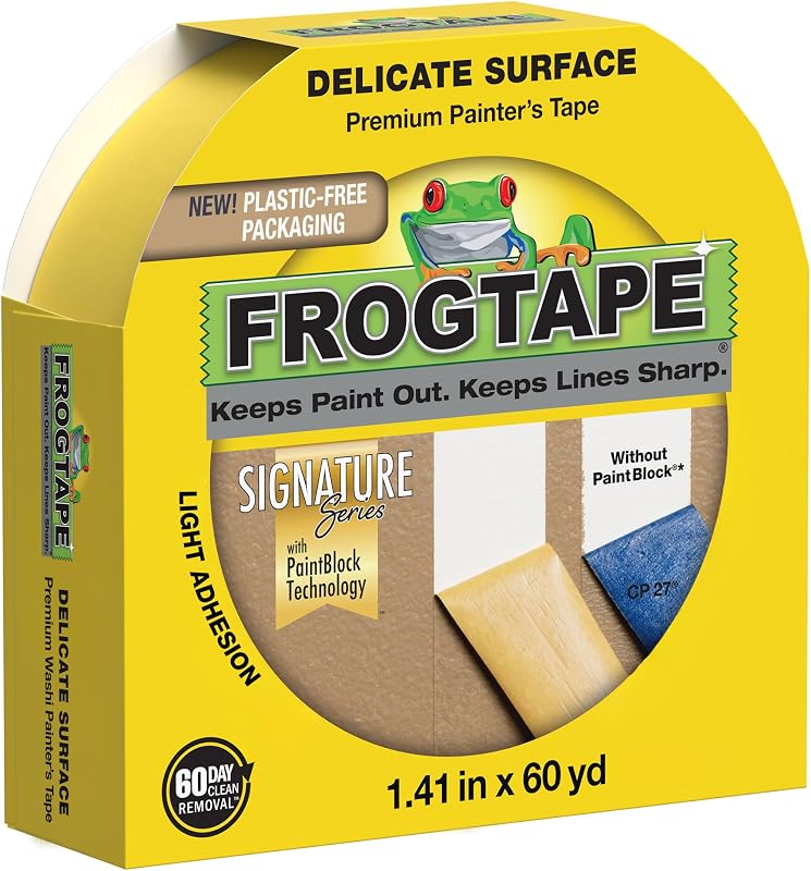 Delicate Surface Painters Tape with PAINTBLOCK, 1.5 in Wide (1.41 in x 60 yd), Low Adhesion, Painting Tape Ideal for Freshly Painted Walls, Trim & Surfaces, Yellow, 1 Roll (280221)