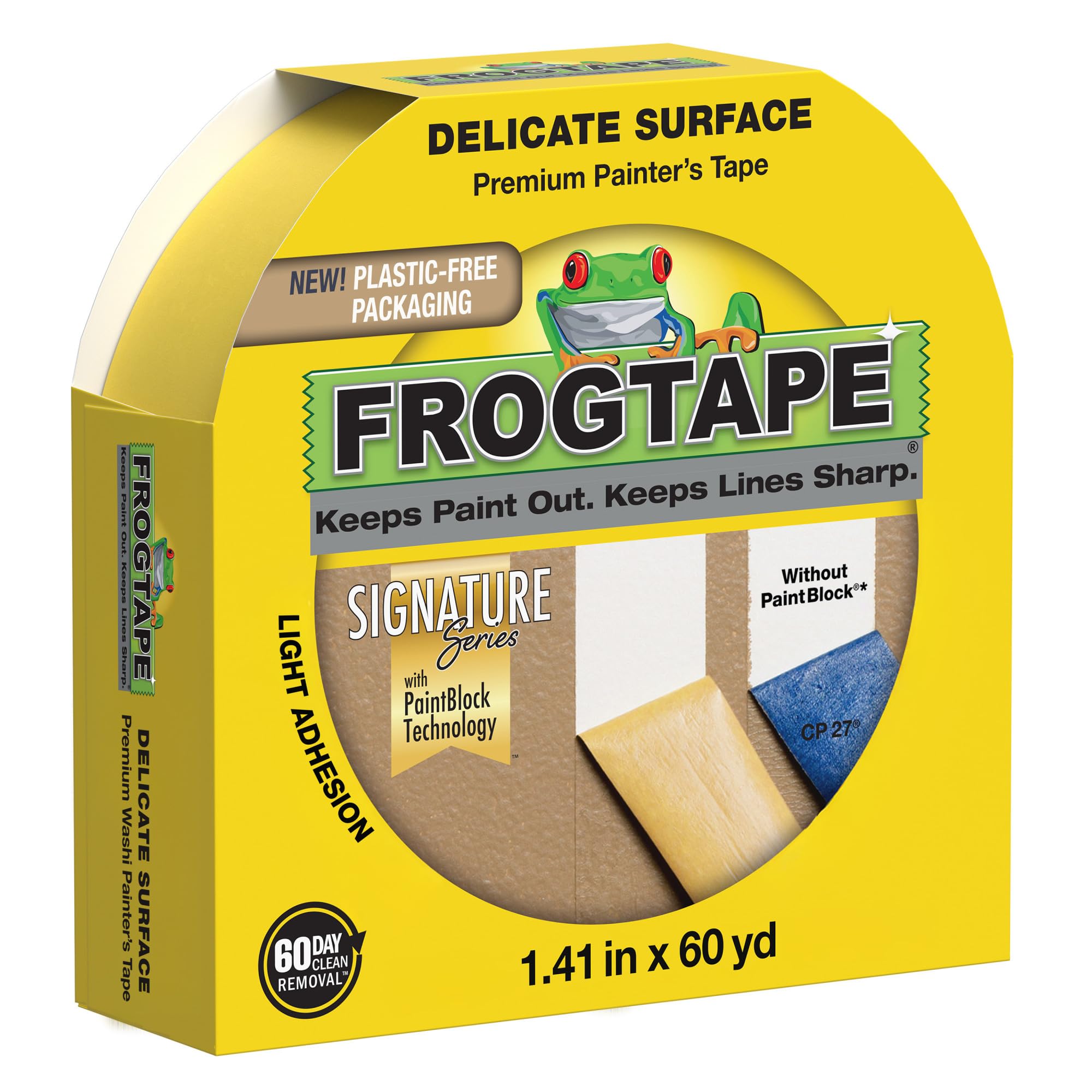 FrogTape Delicate Surface Painters Tape with PAINTBLOCK, 1.5 Inch Wide (1.41 In. x 60 Yds), Low Adhesion, Ideal for Freshly Painted Walls, Trim & Surfaces, Yellow, 1 Roll (280221)