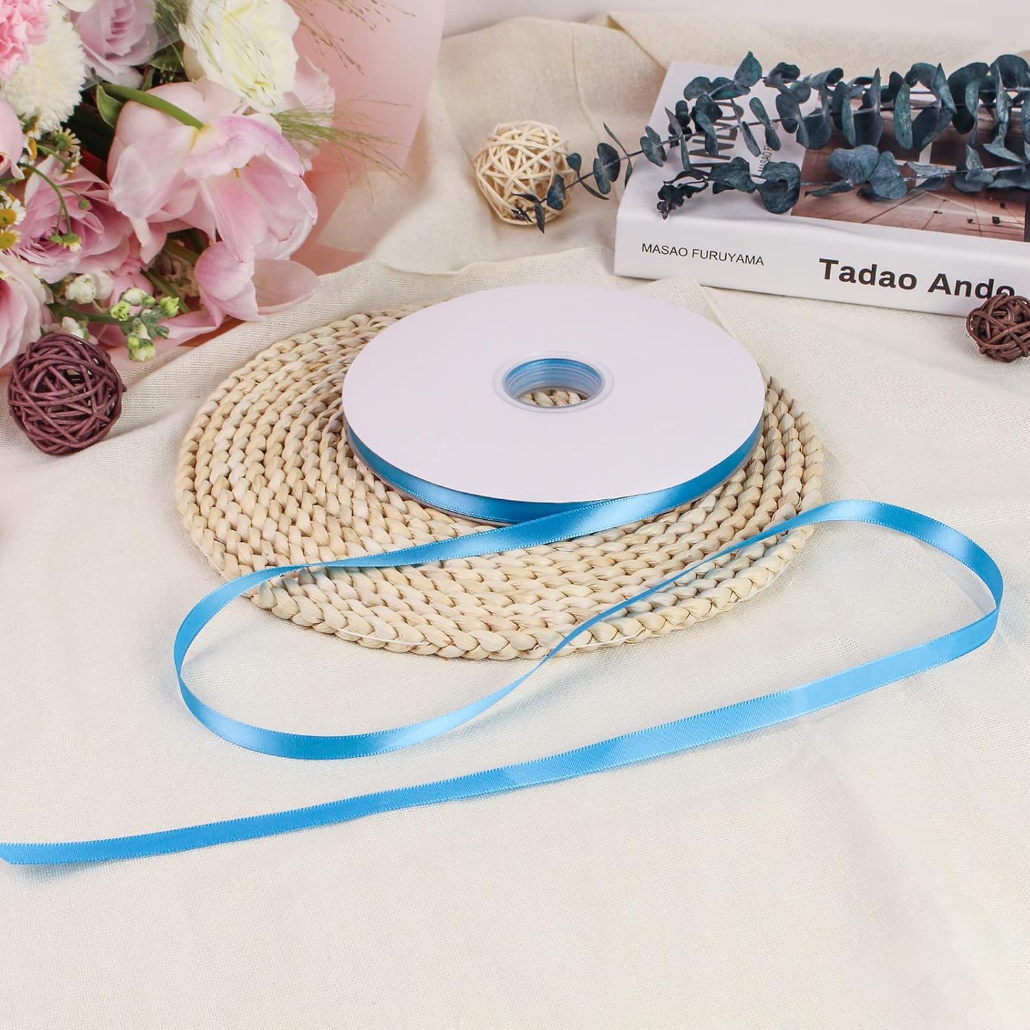 91m x 6mm Thin Azure Blue Wedding Car Ribbon - Image 3