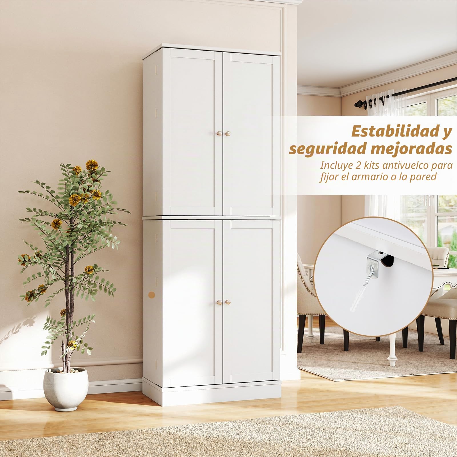 KOMFOTTEU Aparador de Cocina con 4 Puertas, Armario Despensa de 8 Niveles con Estantes Ajustables, Mueble de Almacenamiento con Kit Antivuelco para Sala de Estar, Comedor, 60 x 35 x 166,5 cm