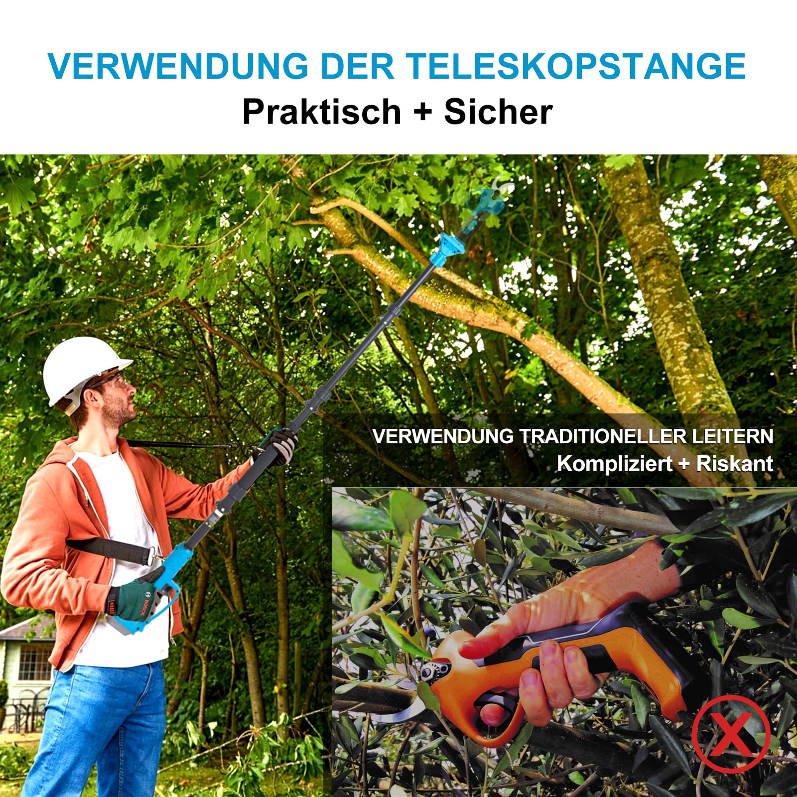 Asta Di Prolunga Telescopica Per Potatura – 4 Sezioni, Regolabile Da 1 A 2 Metri, In Alluminio, Testa Girevole 180°, Compatibile Con Cesoie Elettriche E Batterie BL18xx