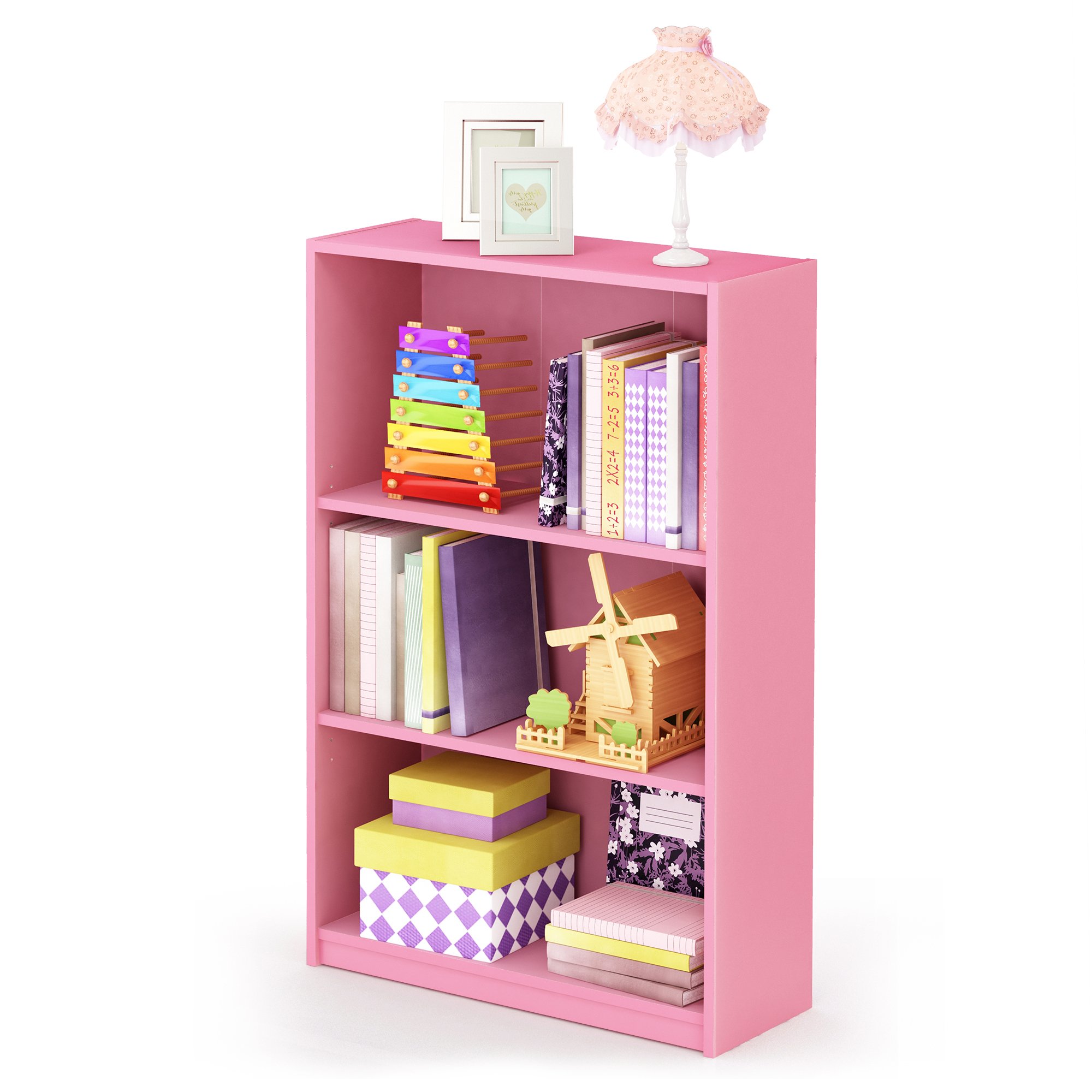 Furinno JAYA Book Shelf, 3-Tier Bookshelf, Bookcase with Adjustable Shelves, 9.5 x 24.5 x 40.3, for Living Room, Bedroom, Home Office, Pink