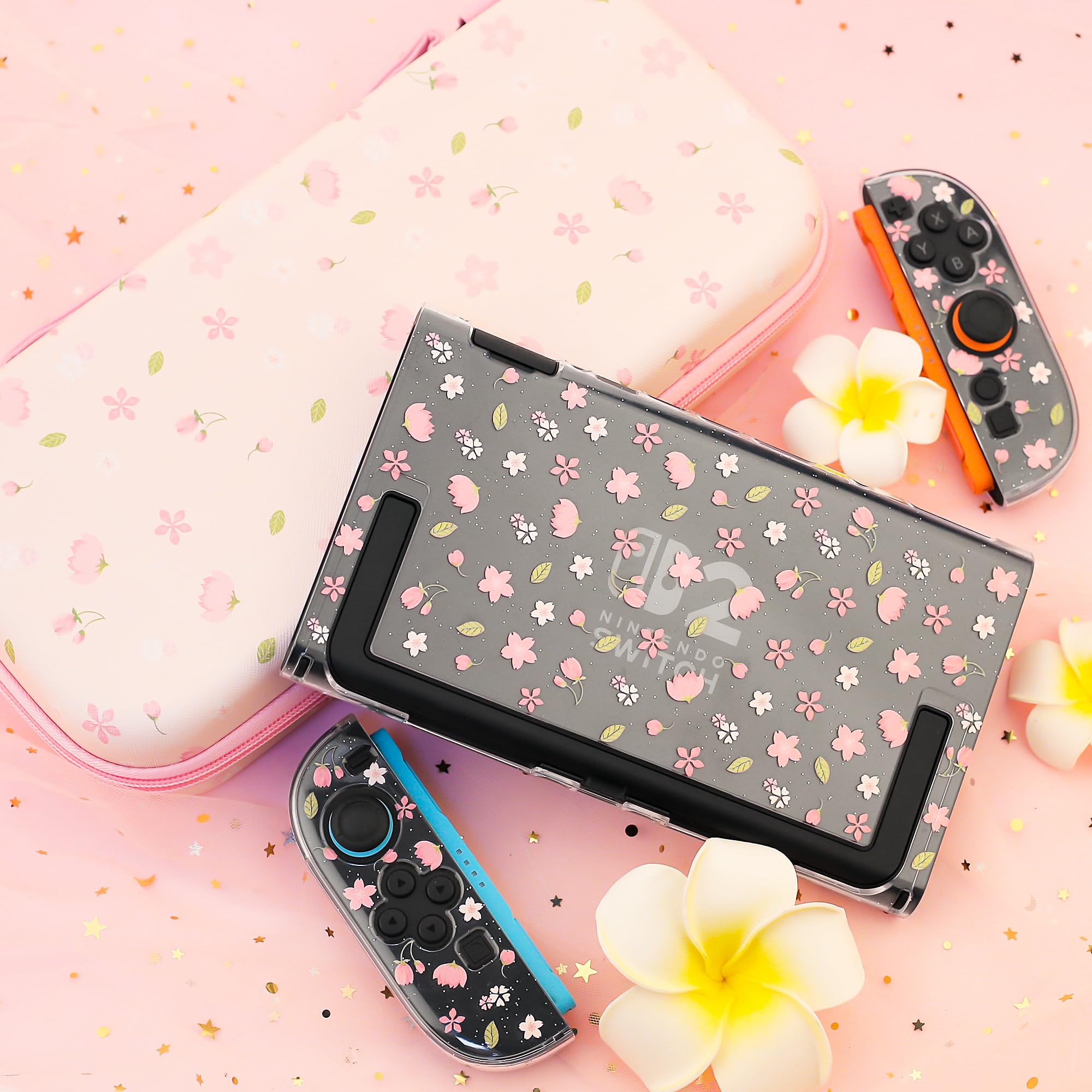 FANPL Custodia da trasporto carina per Nintendo Switch 2, kit di accessori per interruttore rosa con custodia rigida da viaggio con motivo floreale, cover Sakura glitterata, cinturino regolabile