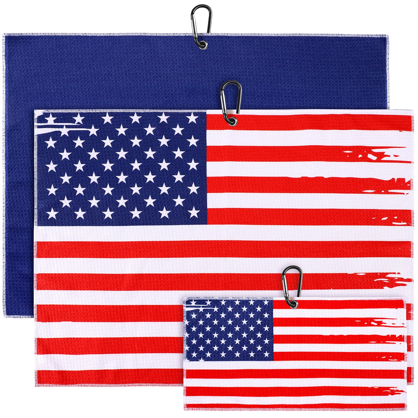 Newwiee3 Pieces Golf Towel with Clip for Golf Bags for Men and Women USA Flag Golf Towels Patriotic Golf Towels Golf Accessories for Men Women Golfing Ball, 3 Sizes