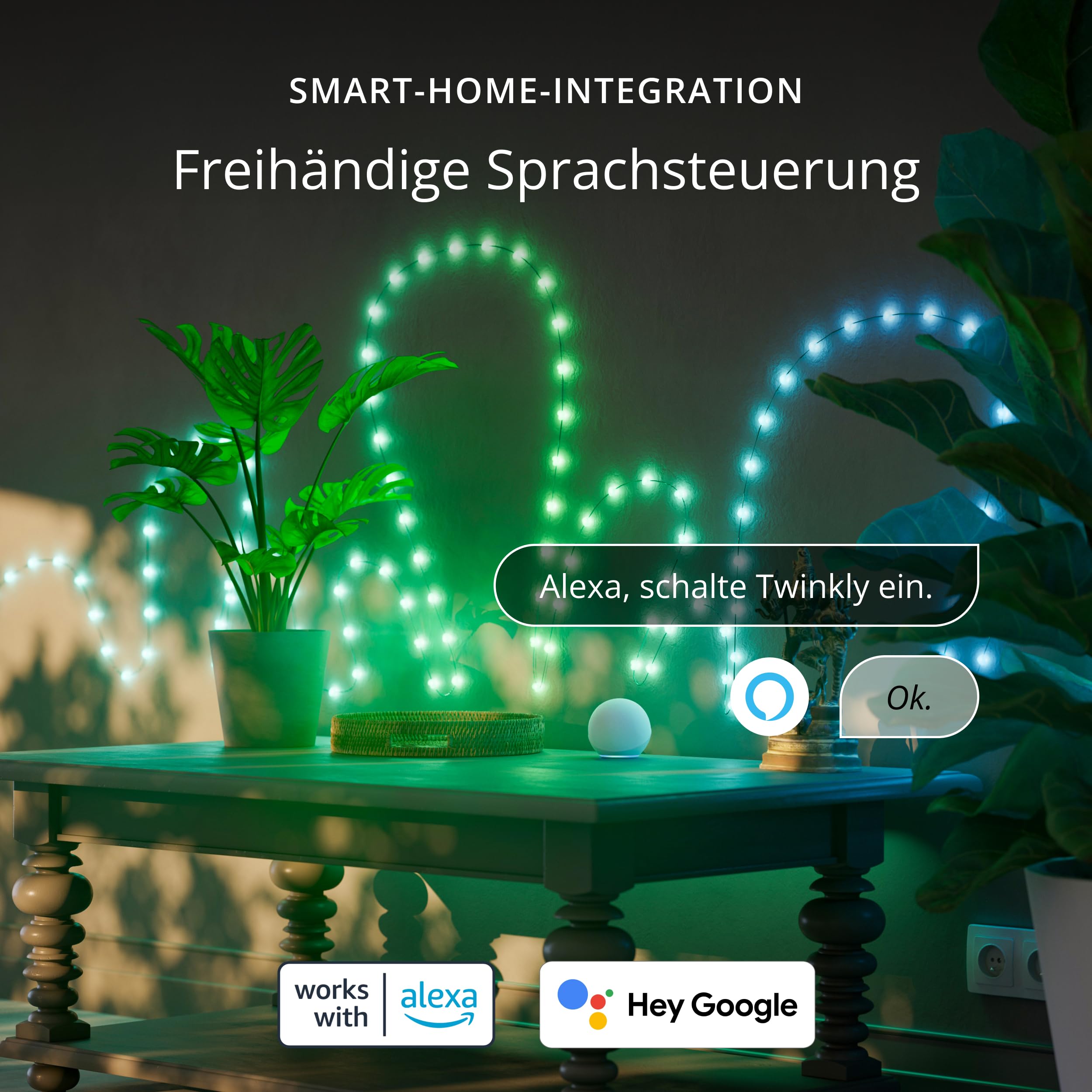 Twinkly Strings USB-C Hearts 100 LED, LED-Lichterkette in Herzform, RGB LED-Lichter Mehrfarbig, Lichter zum Valentinstag, Kompatibel mit Alexa und Google Home, USB-C, Transparentes Kabel, 6m