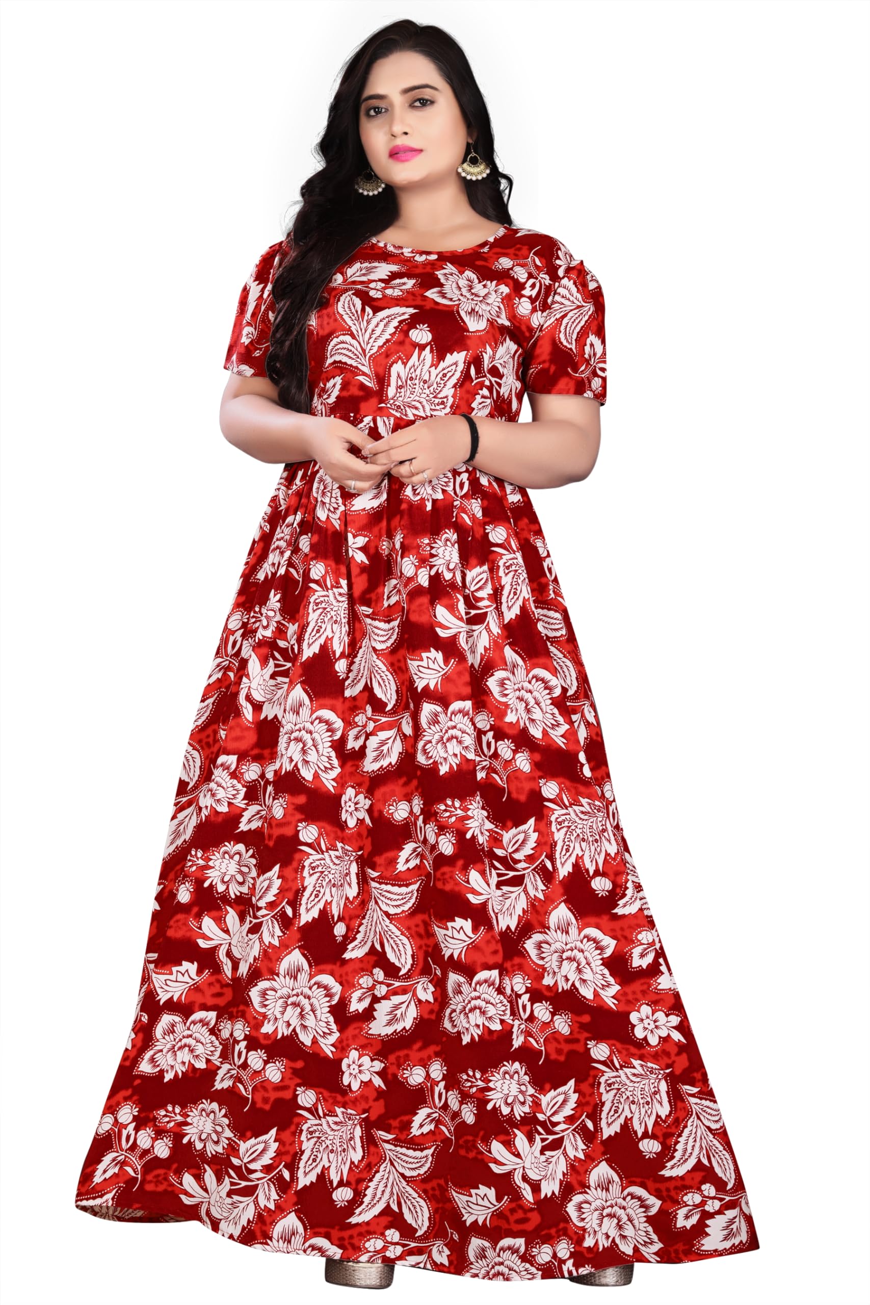 Women's Printed Poly Crepe Anarkali Dress | Fit & Flare Western One Piece Long Dress | Round Neck Short Sleeves | Comfortable Casual Wear Frock-image-42