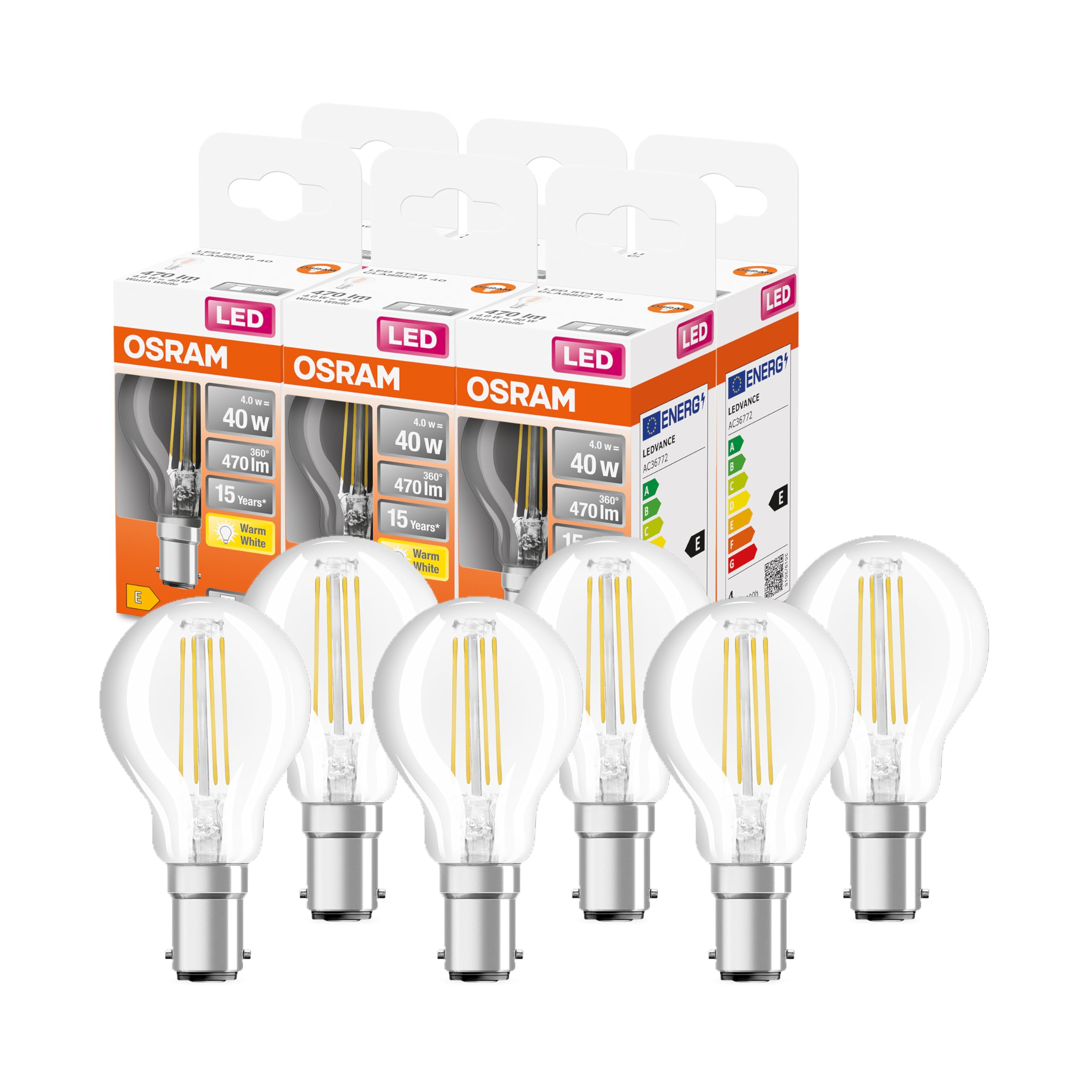 OSRAM Led Star Classic P40 Led Lamp for B15D Base, Drop Shape, Fil, 470 Lumens, Warm White (2700K), Replacement for Conventional 40W Light Bulbs, Not Dimmable, 6-Pack