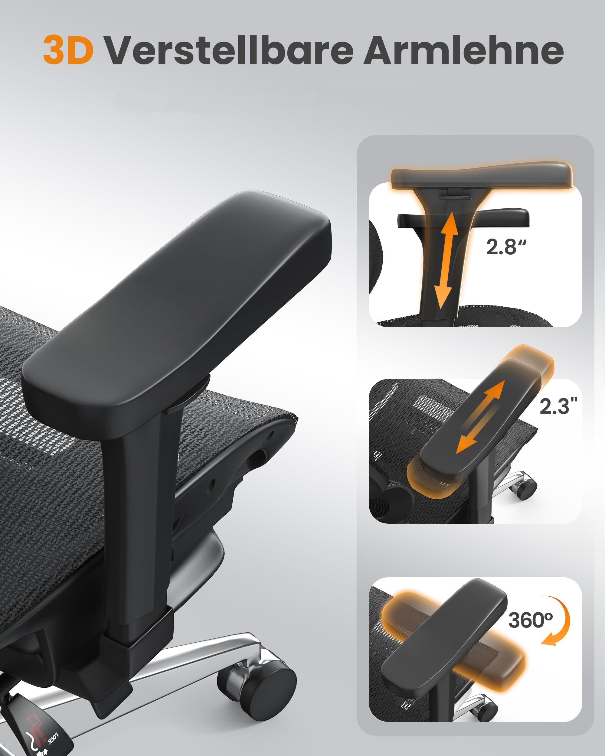 naspaluro Bürostuhl Ergonomisch, Schreibtischstuhl mit hoher Rückenlehne aus Netzgewebe, Belastbarkeit 160 kg, 3D-Armlehnen, Kopfstütze, Fußstütze, Office Chair für Home, Arbeit und Gaming