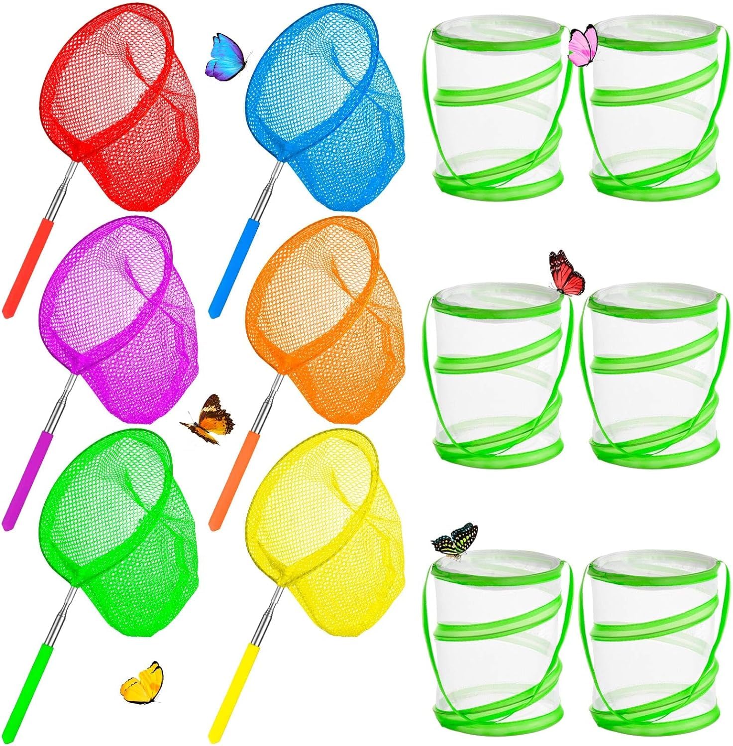 12PCS Telescopic Butterfly Fishing Nets for Kids Catching Insect Net Outdoor Tools Including 6pcs Catching Nets and 6pcs Insect Mesh Cages Outdoor Tools for Catching Butterfly and Fish (6 Colors)
