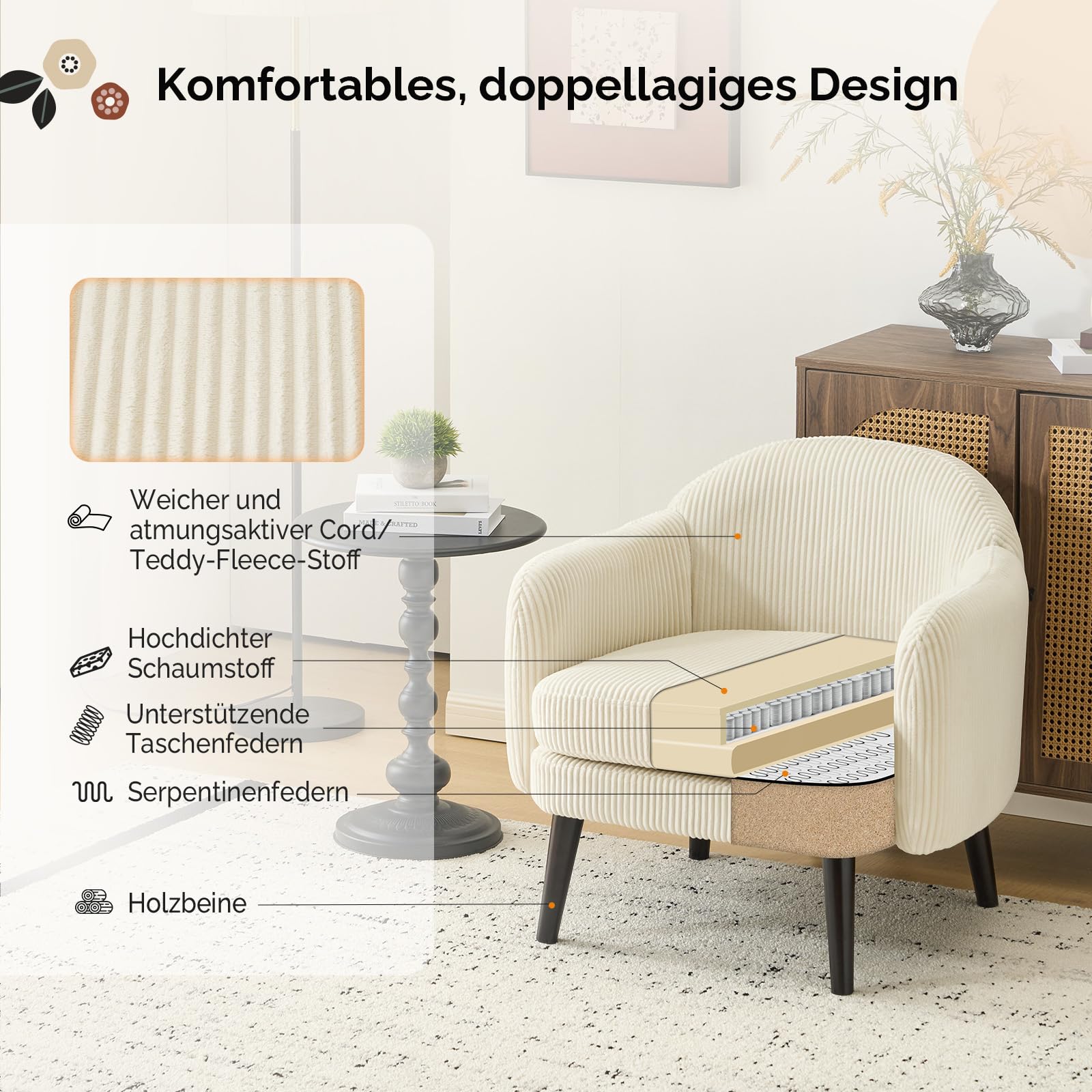 Bonnlo Sessel, Gepolsterter Cocktailsessel, Lesesessel, Clubsessel, Moderner Loungesessel für Wohnzimmer, Schlafzimmer, Büro oder Wartebereich, belastbar bis 113 kg, Feincord, Beige