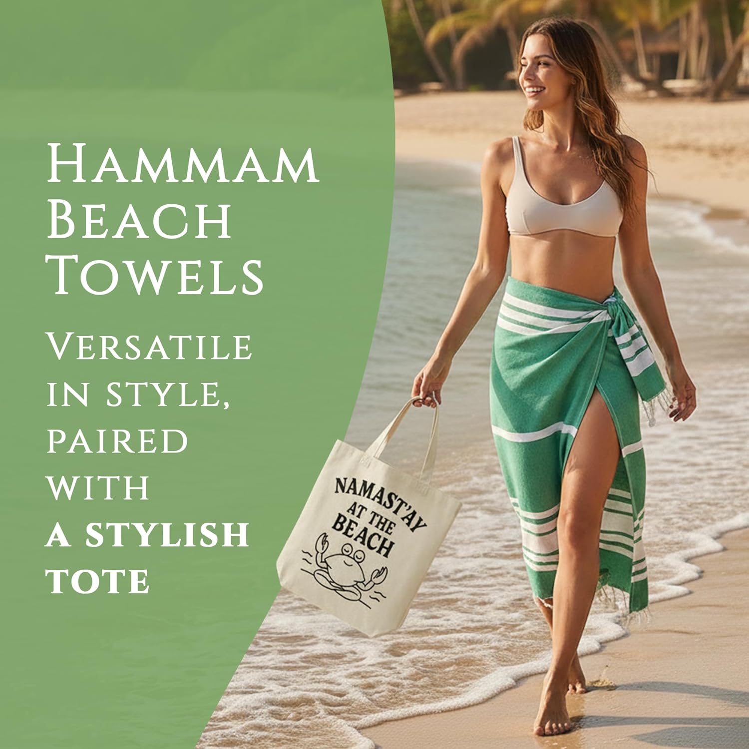 Turkish Cotton Beach Towel Pack of 4 & 1 Boho Tote Bag - Hammam Towels - No Shrink - Quick Dry - Lightweight - Sand Free - Camping - Pool - Tanning - Beach Essentials - Green (40"x70")